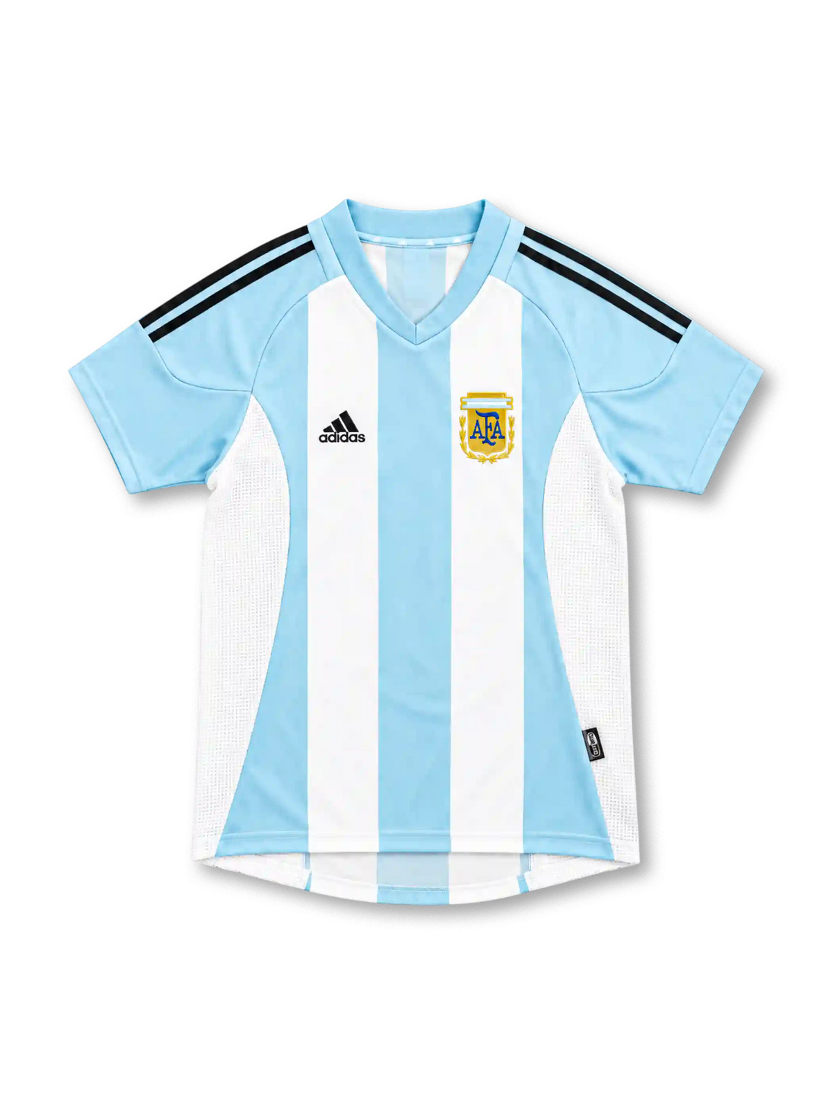 2002 アルゼンチン代表 ホーム adidas製 水色と白の縦縞と黒い肩ラインが入ったレトロサッカーユニフォーム