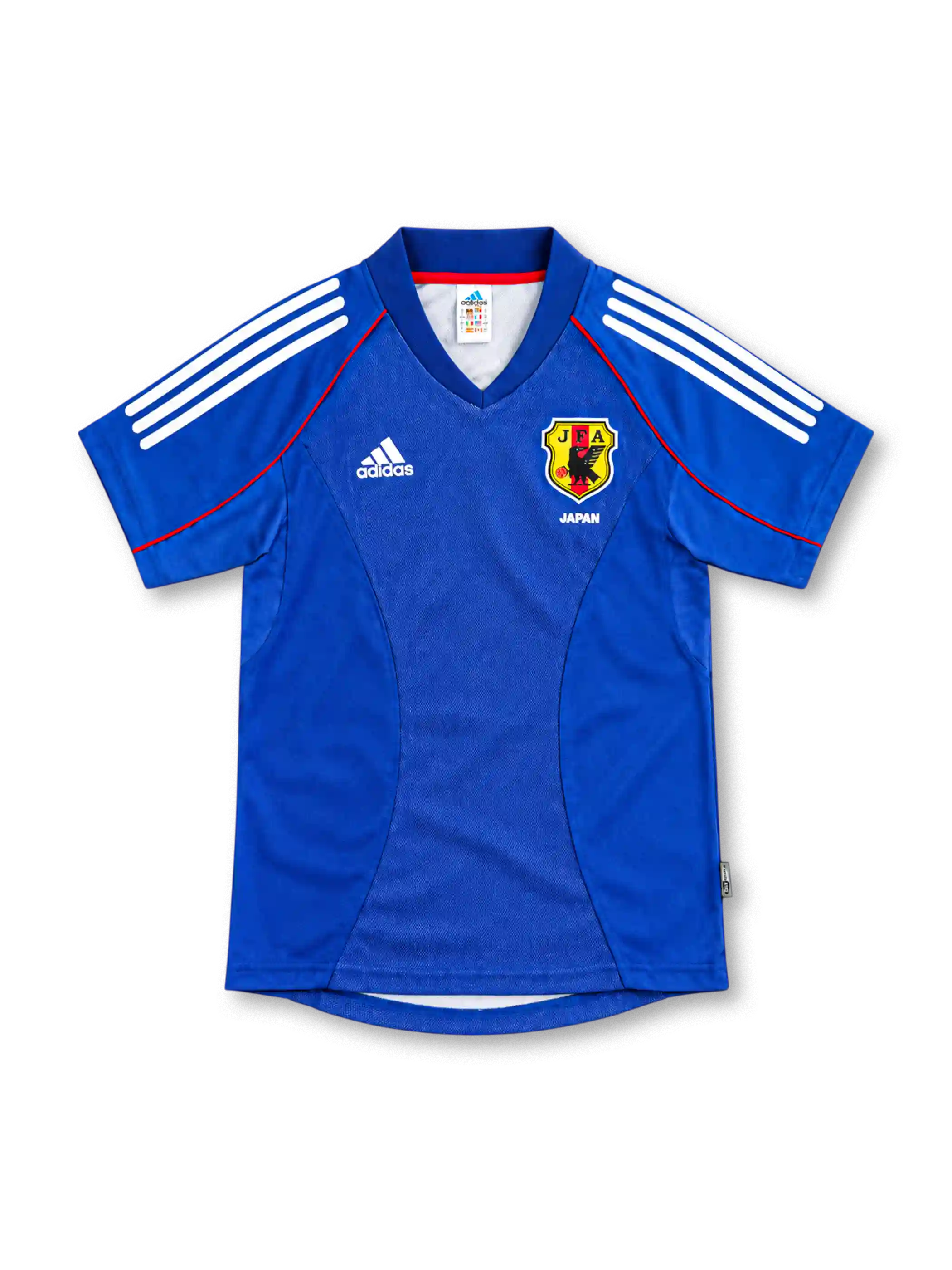 2002 日本代表 ホーム adidas製 白の3本ラインと赤いパイピングが入った青いレトロサッカーユニフォーム