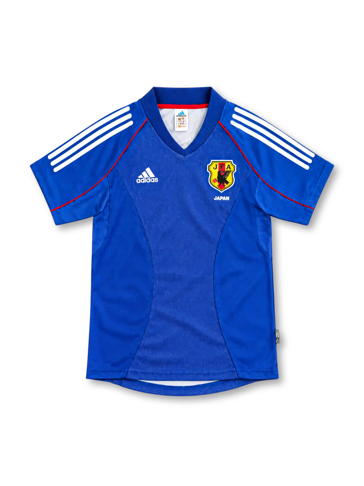 2002 日本代表 ホーム adidas製 白の3本ラインと赤いパイピングが入った青いレトロサッカーユニフォーム