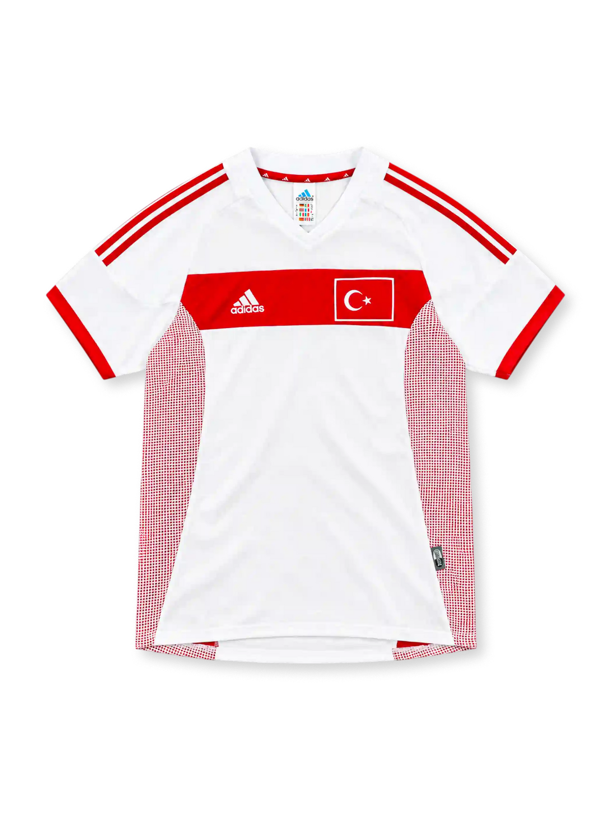2002 トルコ代表 アウェイ adidas製 赤い胸の帯と月と星の国旗パッチが入った白いレトロサッカーユニフォーム