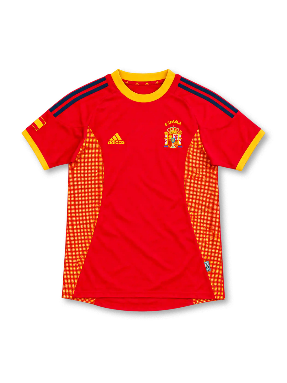 2002 スペイン代表 ホーム adidas製 黄色の丸首とドット状パネルが入った赤いレトロサッカーユニフォーム