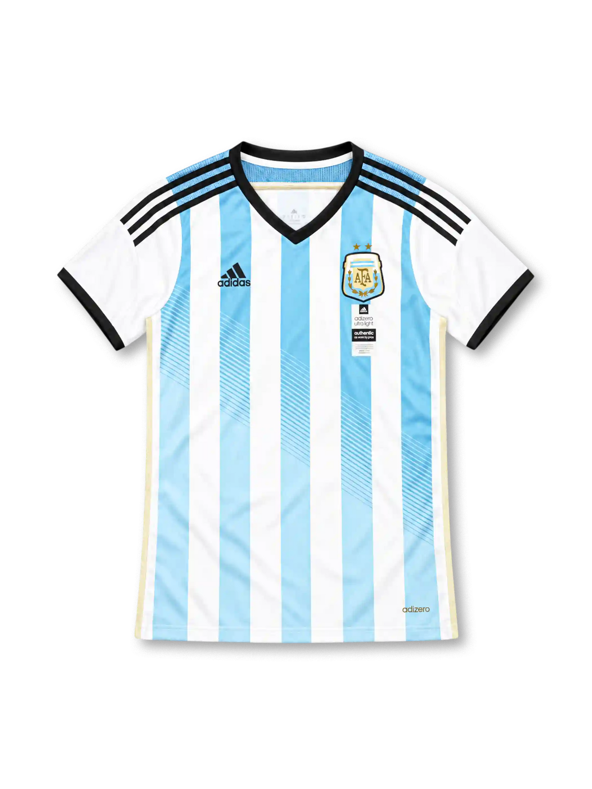 2014 アルゼンチン代表 ホーム adidas製 水色と白の縦縞と黒い襟が入ったレトロサッカーユニフォーム