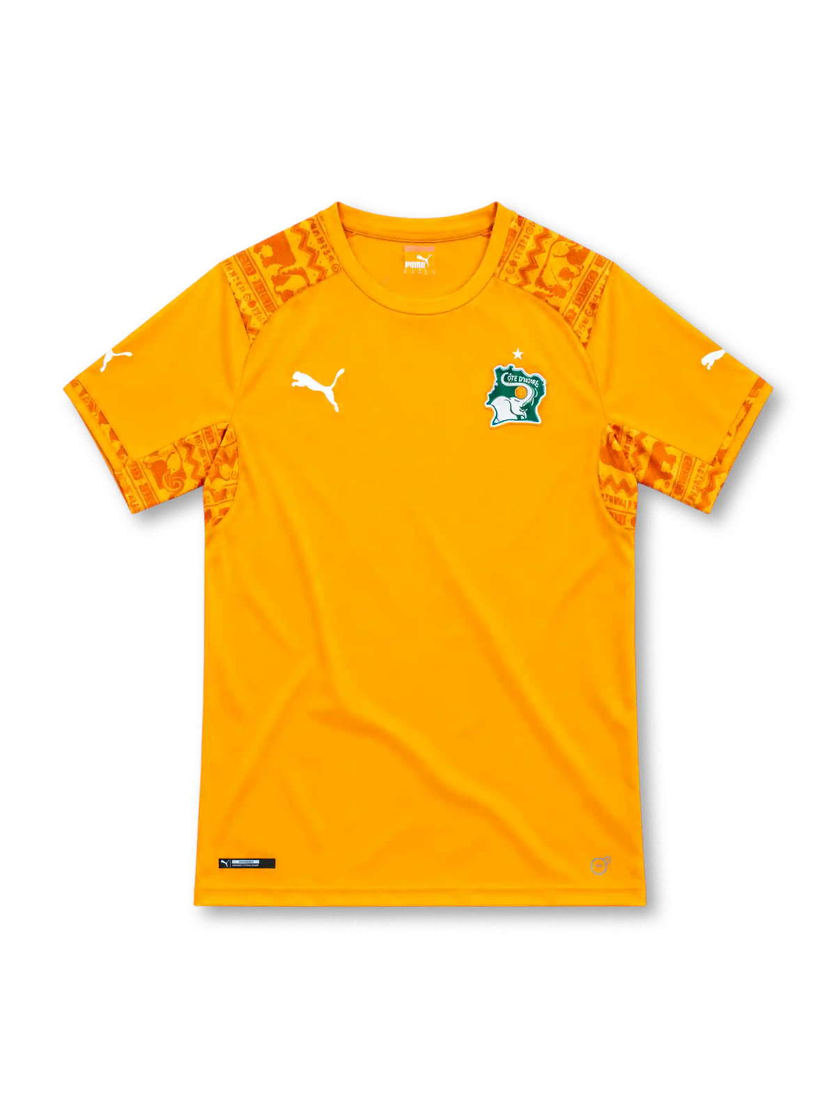 2014 コートジボワール代表 ホーム Puma製 肩と袖に紋様パネルが入ったオレンジのレトロサッカーユニフォーム