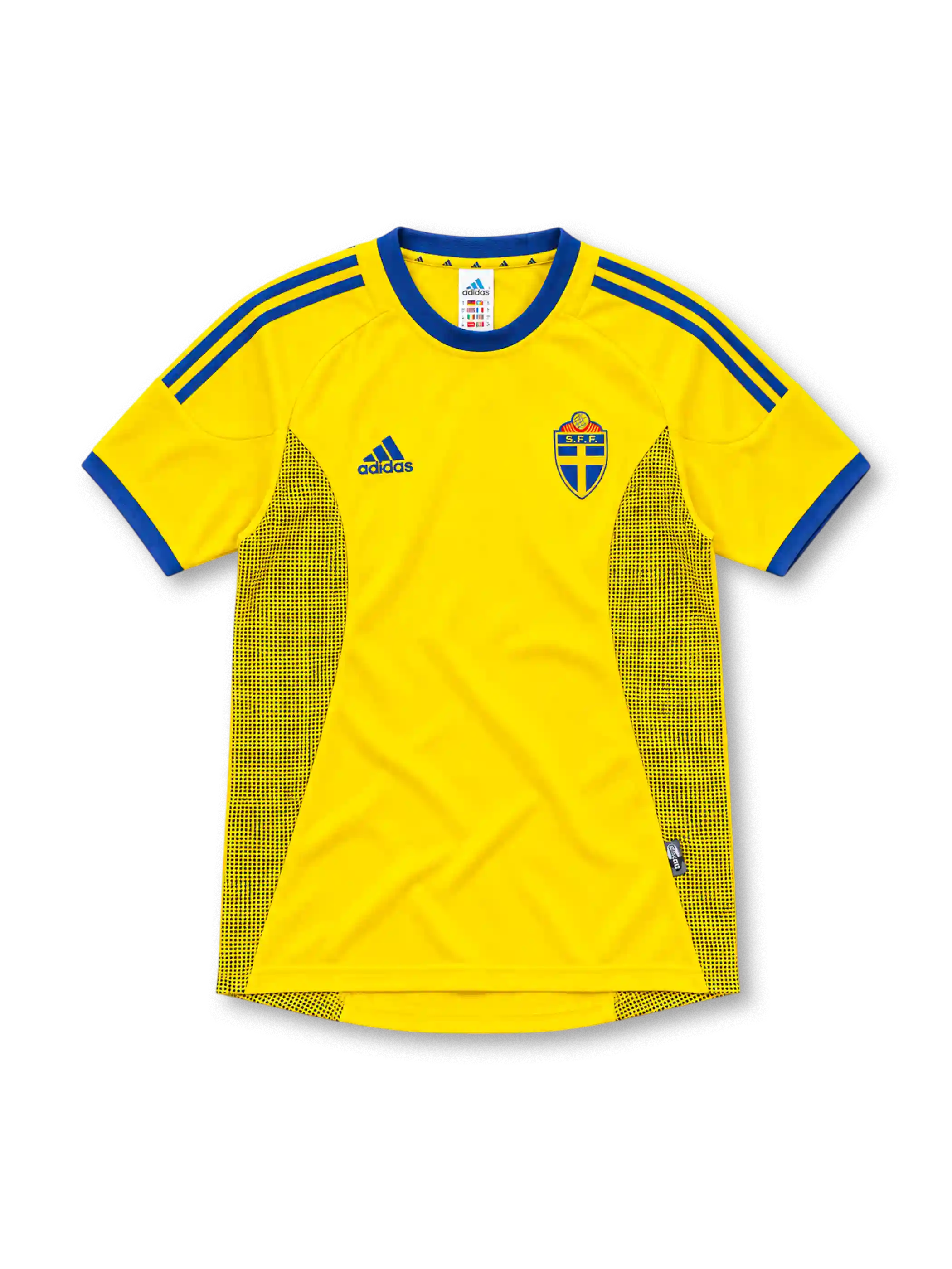 2002 スウェーデン代表 ホーム adidas製 青い丸首とドット状パネルが入った黄色のレトロサッカーユニフォーム