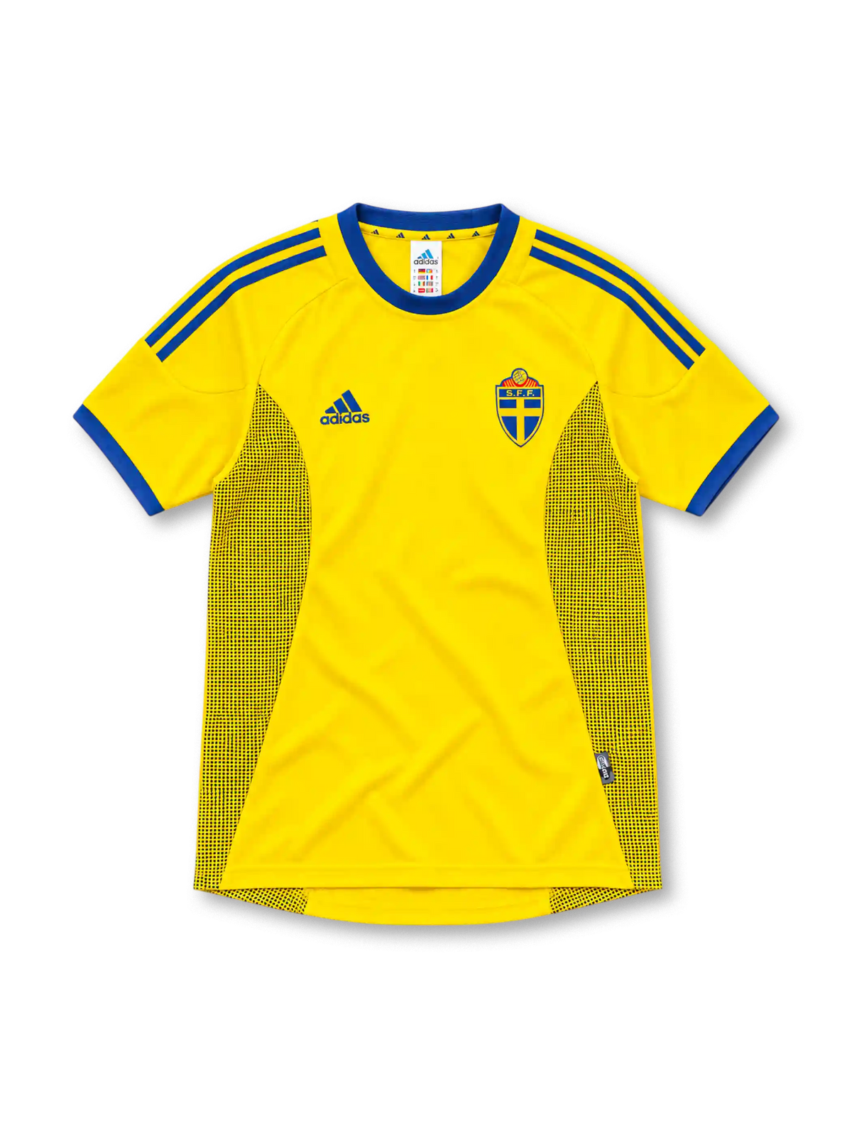 2002 スウェーデン代表 ホーム adidas製 青い丸首とドット状パネルが入った黄色のレトロサッカーユニフォーム