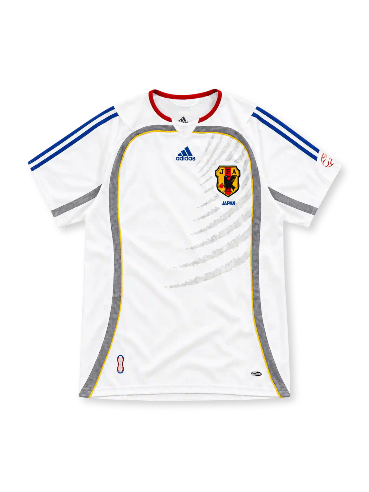 2006 日本代表 アウェイ adidas製 灰色の曲線パネルと赤い丸首が入った白いレトロサッカーユニフォーム