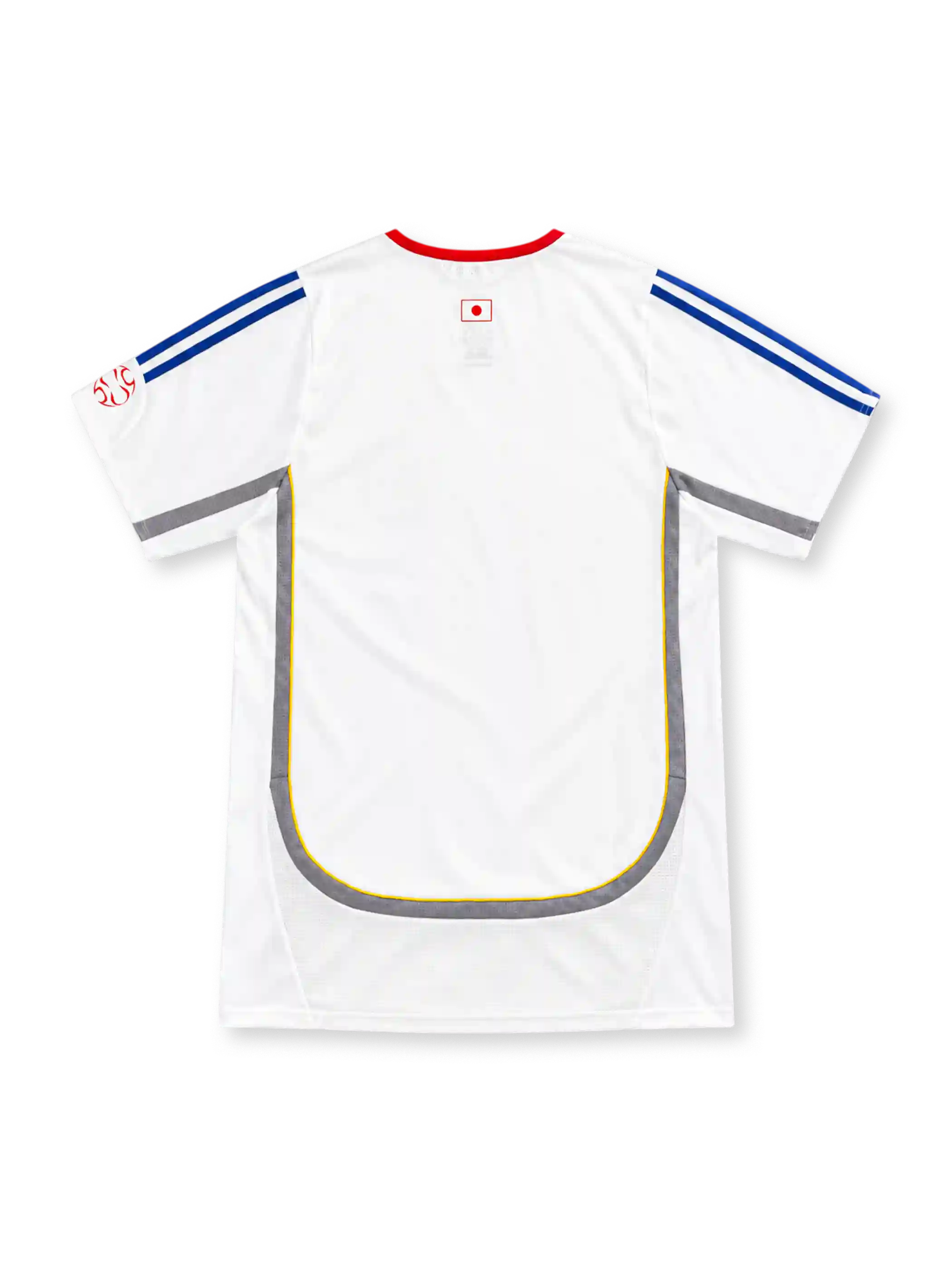 2006 日本代表 アウェイ adidas製 灰色の曲線パネルと赤い丸首が入った白いレトロサッカーユニフォーム