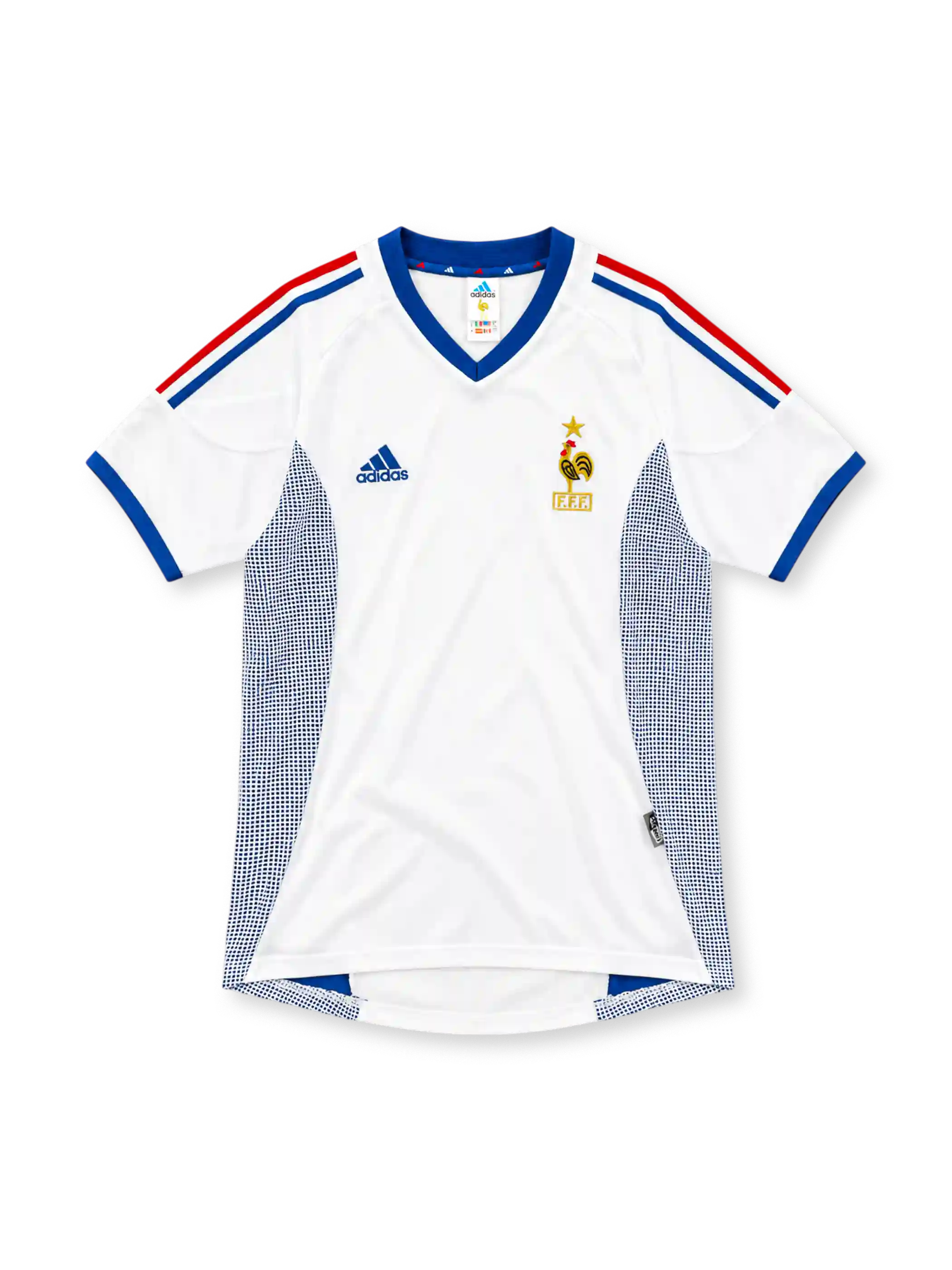 2002 フランス代表 アウェイ adidas製 青いVネックと赤・青の肩ラインが入った白いレトロサッカーユニフォーム