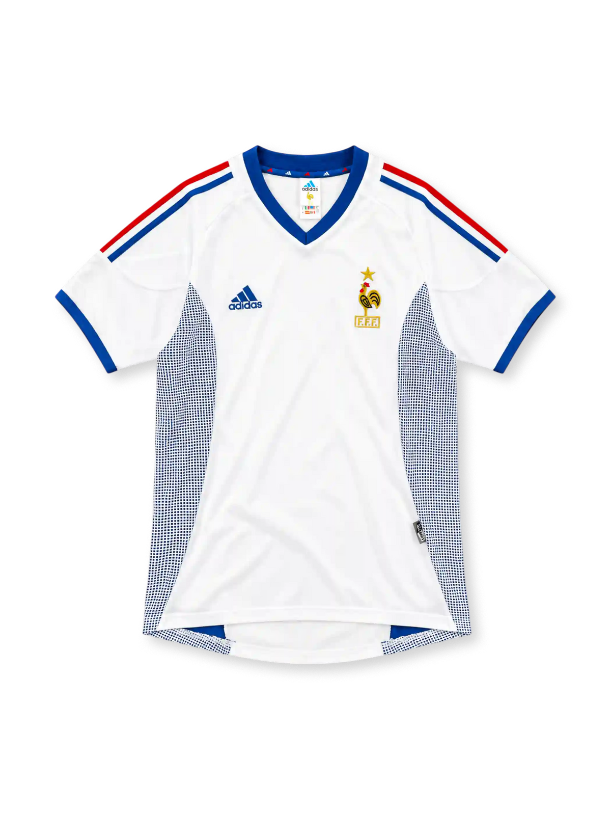 2002 フランス代表 アウェイ adidas製 青いVネックと赤・青の肩ラインが入った白いレトロサッカーユニフォーム