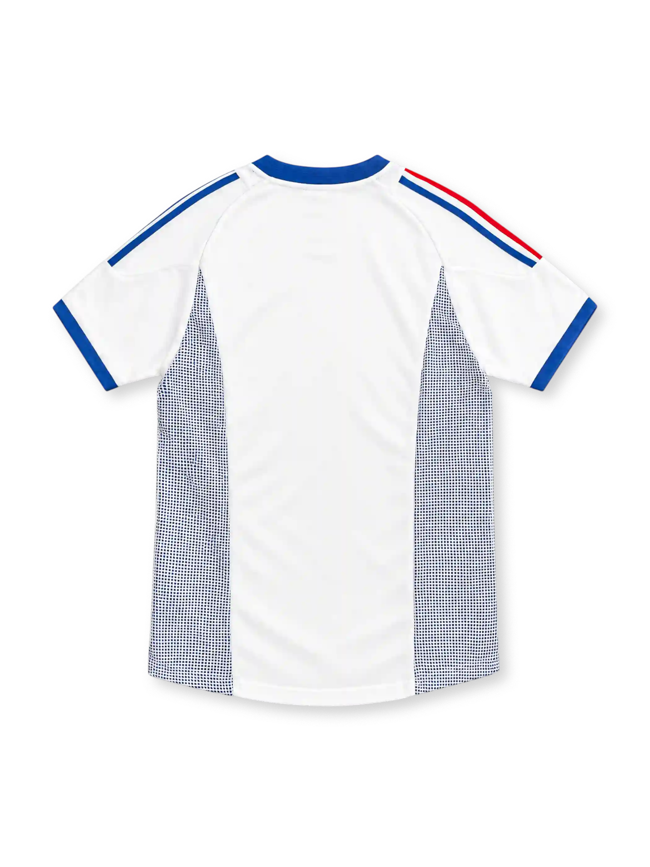 2002 フランス代表 アウェイ adidas製 青いVネックと赤・青の肩ラインが入った白いレトロサッカーユニフォーム