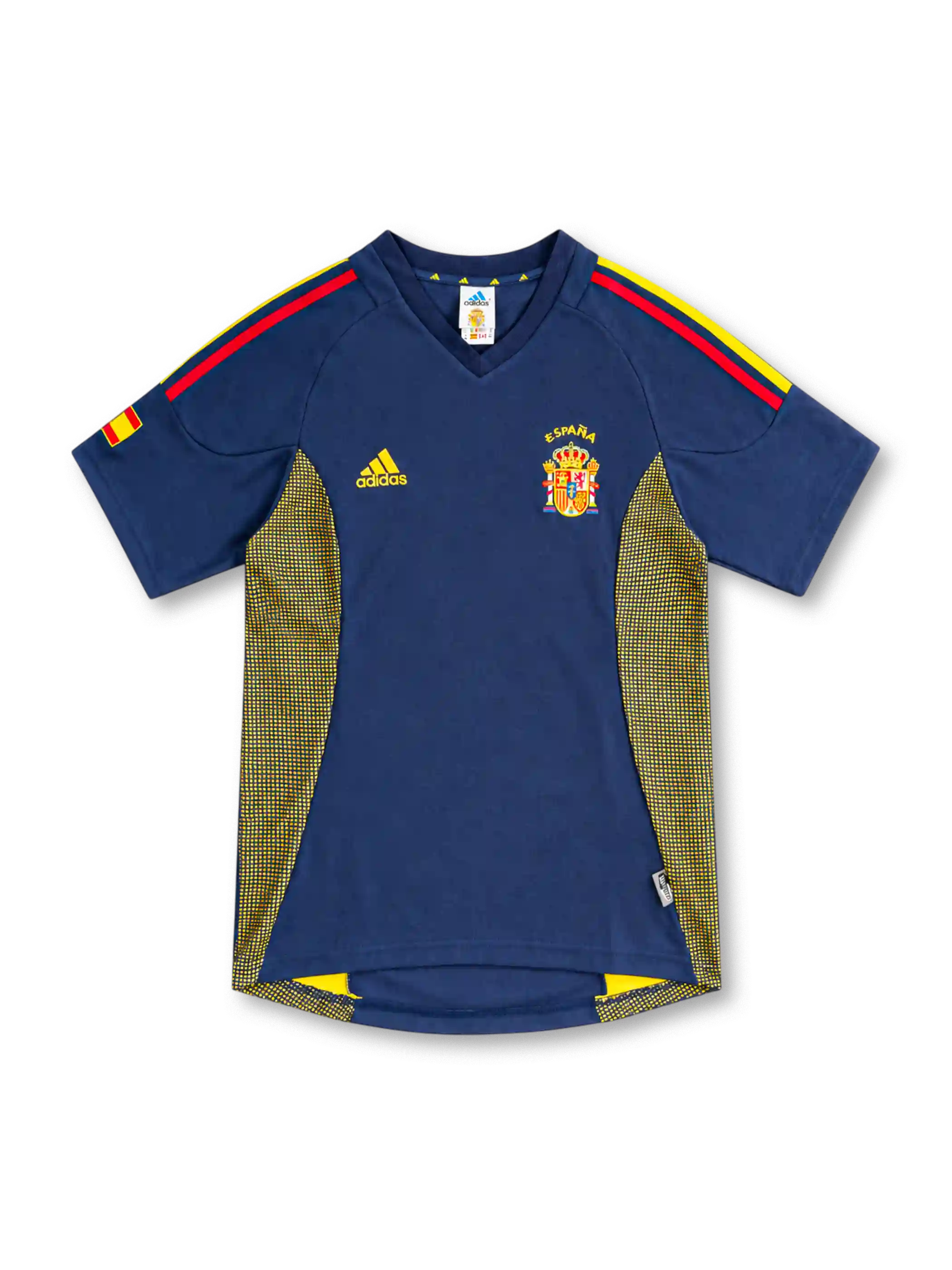 2002 スペイン代表 サード adidas製 黄色と赤の肩ラインとドット状パネルが入ったネイビーのレトロサッカーユニフォーム