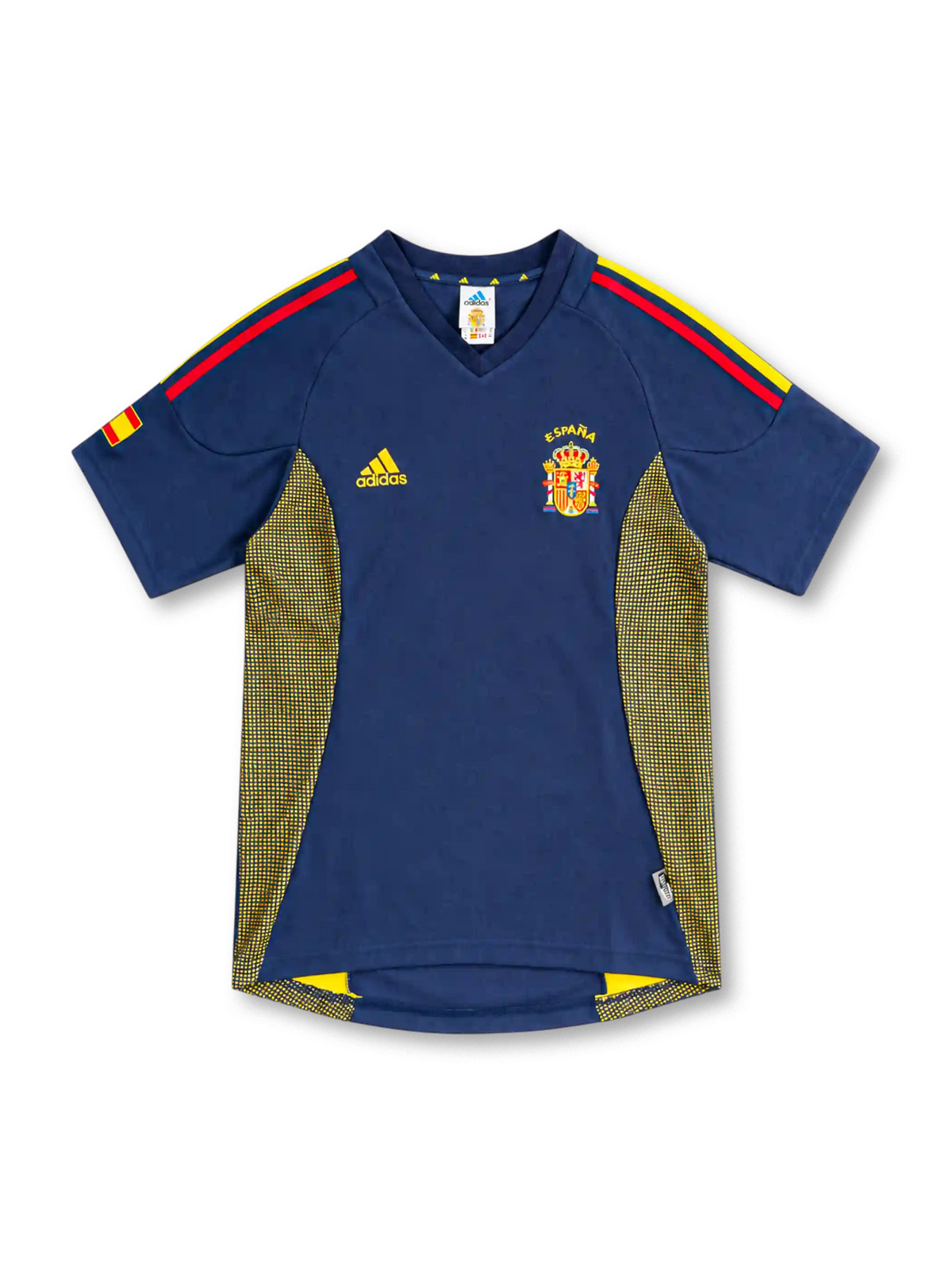 2002 スペイン代表 サード adidas製 黄色と赤の肩ラインとドット状パネルが入ったネイビーのレトロサッカーユニフォーム