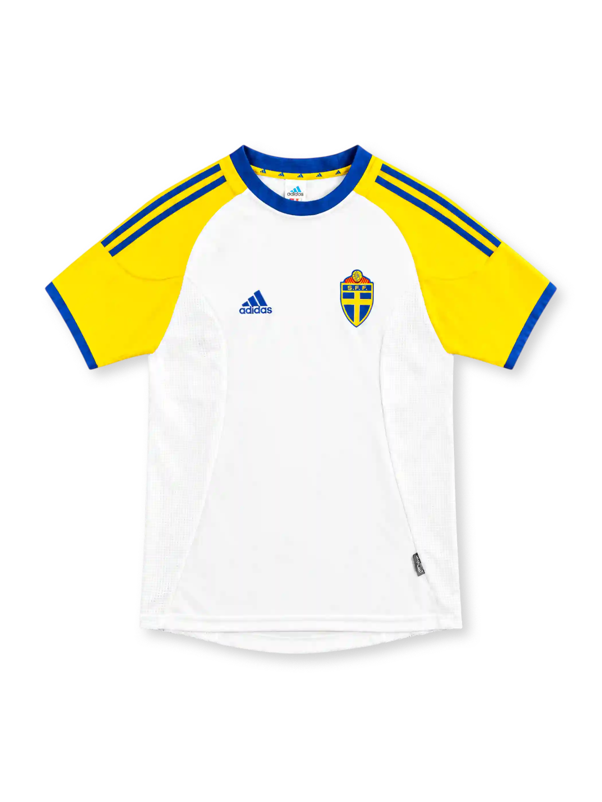 2002 スウェーデン代表 アウェイ adidas製 黄色いスリーブと青い丸首が入った白いレトロサッカーユニフォーム