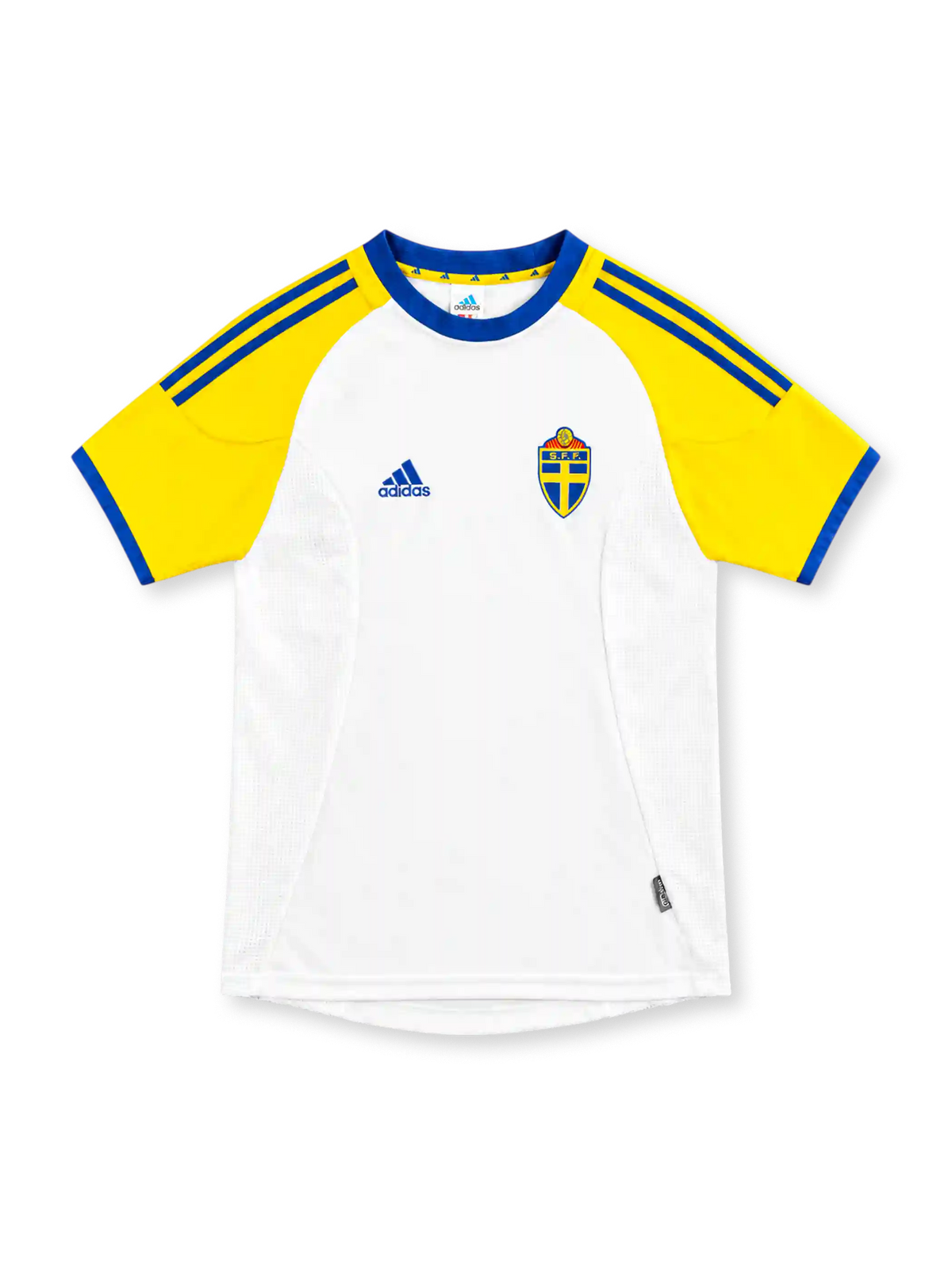 2002 スウェーデン代表 アウェイ adidas製 黄色いスリーブと青い丸首が入った白いレトロサッカーユニフォーム