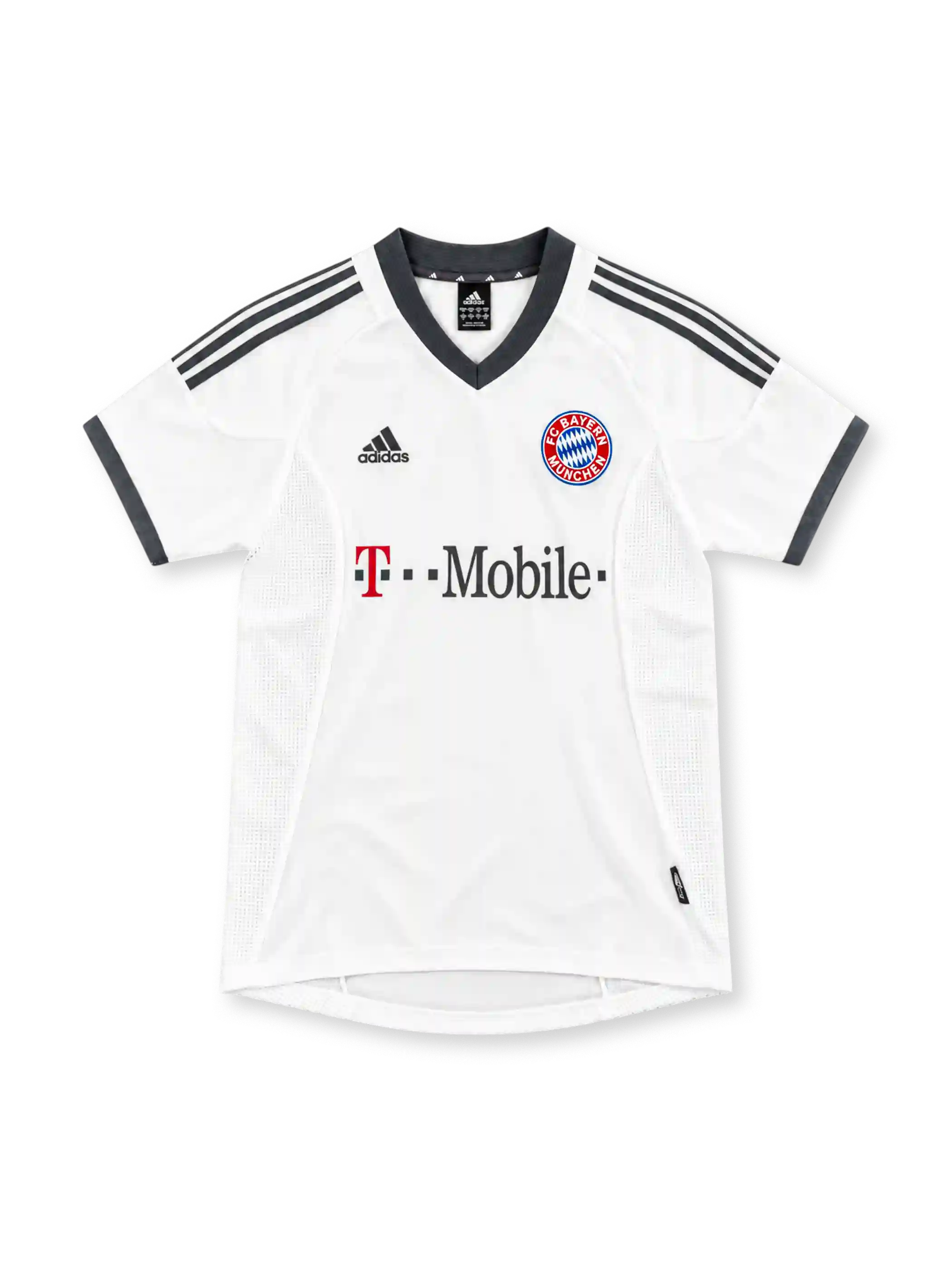 02/03 バイエルン・ミュンヘン アウェイ adidas製 ダークグレーのトリムとT-Mobileロゴが入った白いレトロサッカーユニフォーム