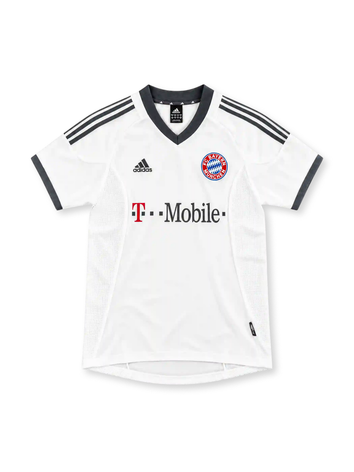02/03 バイエルン・ミュンヘン アウェイ adidas製 ダークグレーのトリムとT-Mobileロゴが入った白いレトロサッカーユニフォーム
