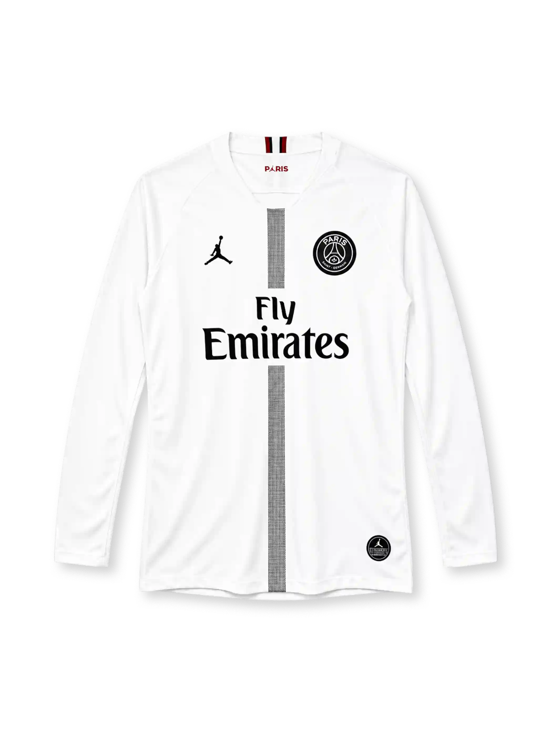 パリ・サンジェルマン 2018/19 アウェイ長袖ユニフォーム ホワイト シルバーのセンターライン ジャンプマンロゴ ジョーダンブランド Fly Emiratesスポンサー
