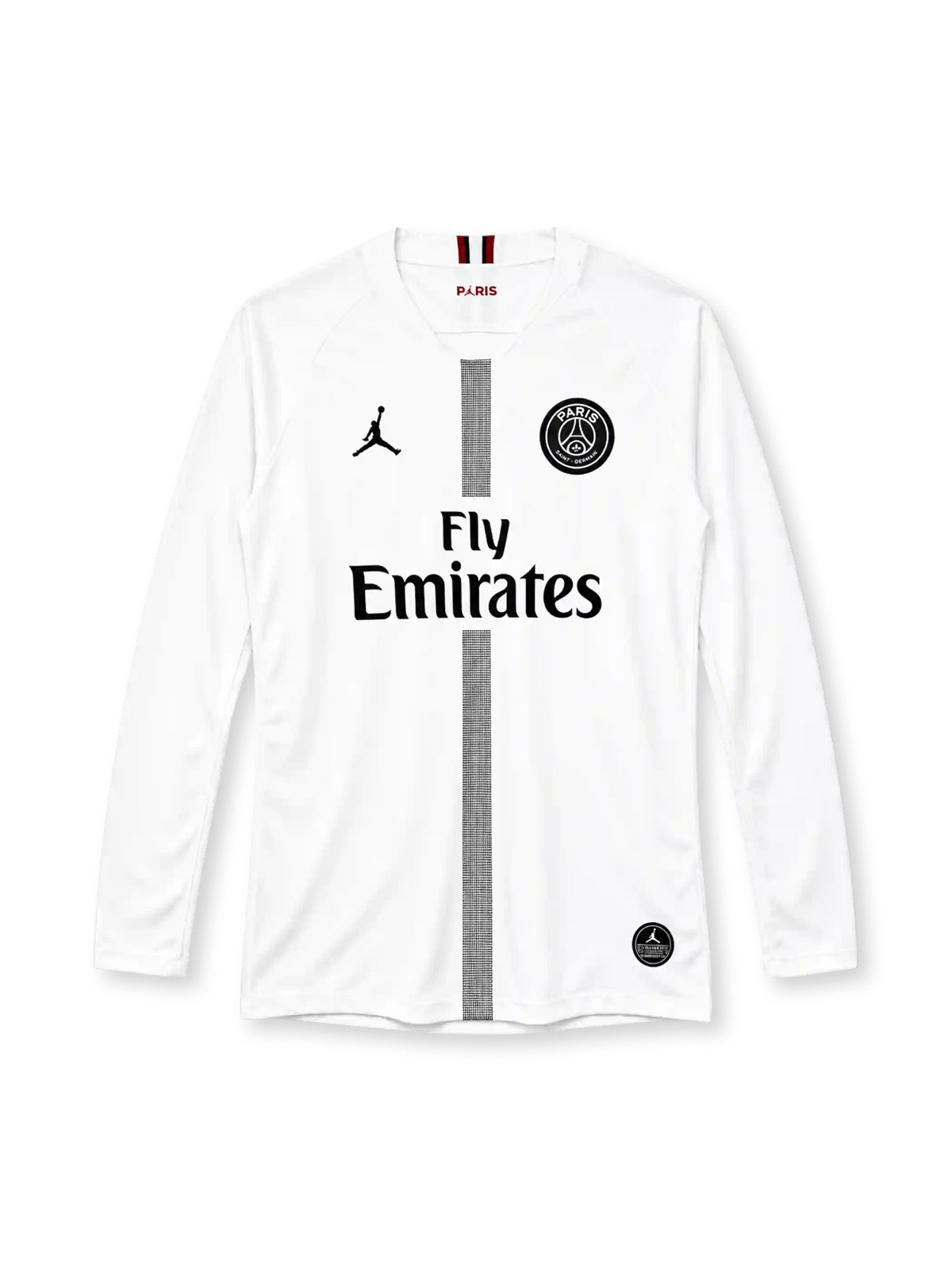 パリ・サンジェルマン 2018/19 アウェイ長袖ユニフォーム ホワイト シルバーのセンターライン ジャンプマンロゴ ジョーダンブランド Fly Emiratesスポンサー