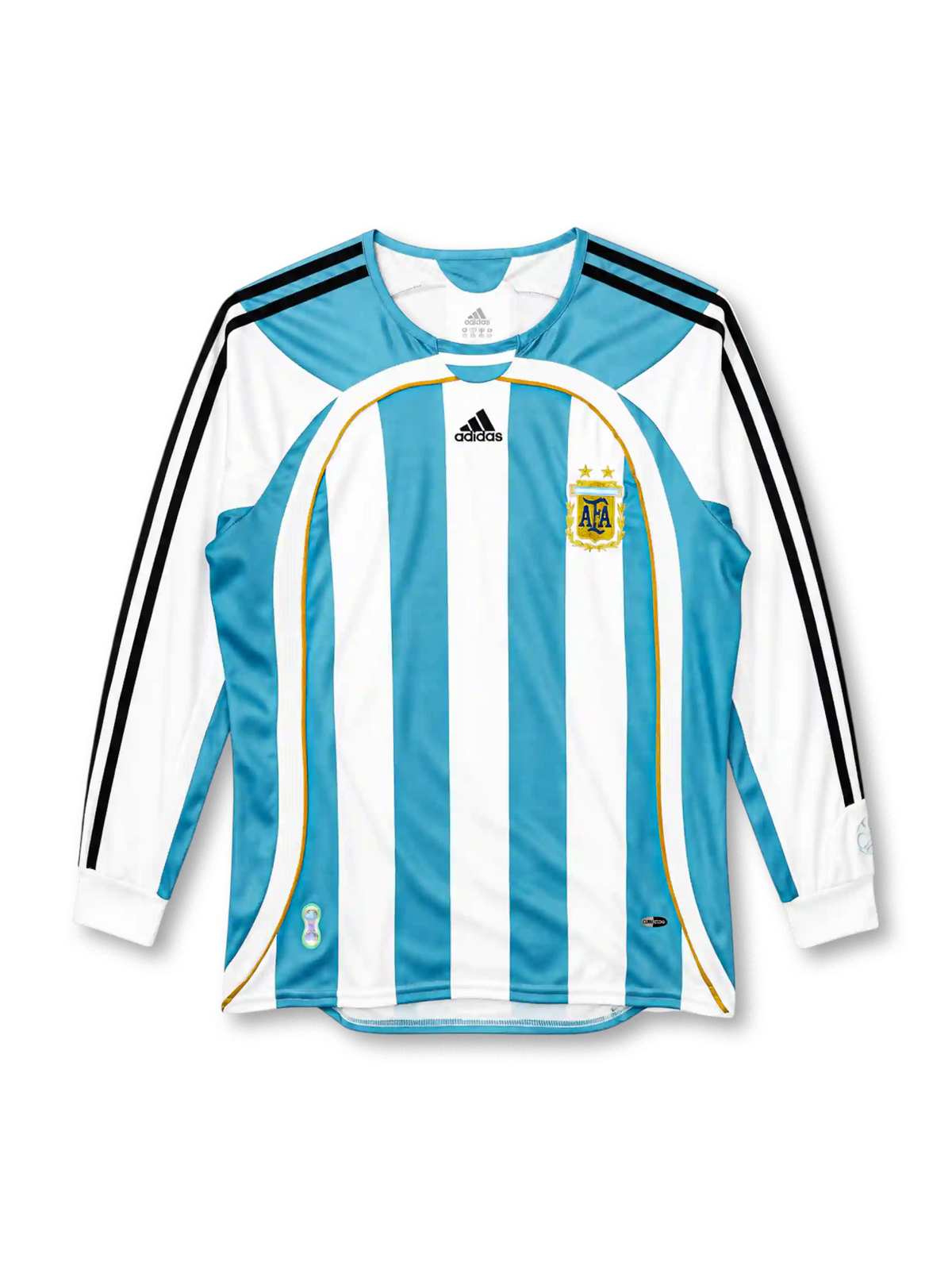 アルゼンチン代表 2006 ホーム長袖ユニフォーム 水色と白の縦縞 金色のパイピング 黒のスリーストライプ アディダス製 ドイツW杯モデル
