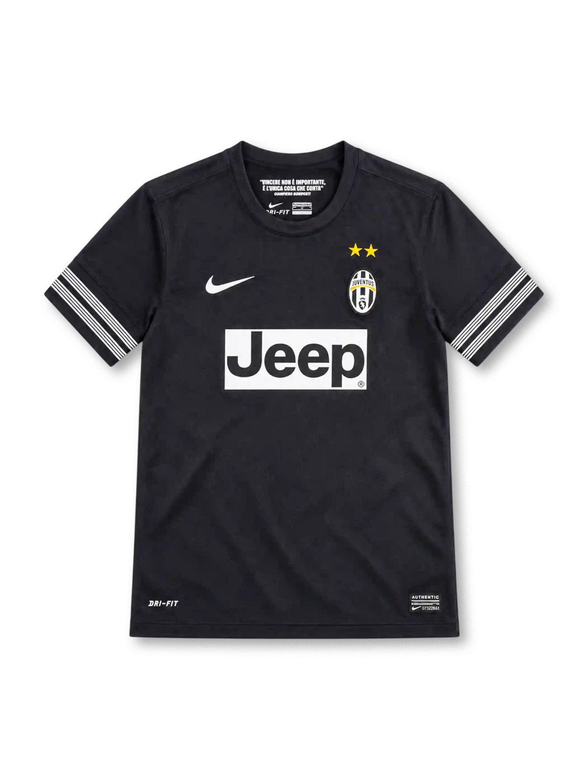 12/13 ユヴェントス アウェイ Nike製 白い袖口のラインとJeepロゴが入った黒いレトロサッカーユニフォーム