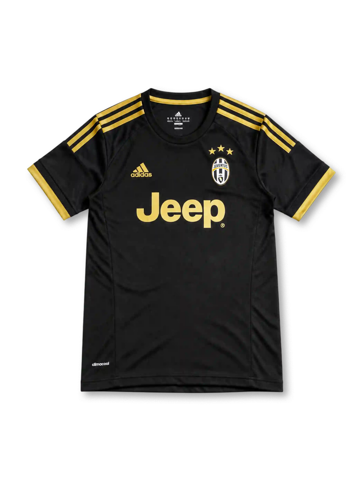 15/16 ユヴェントス サード adidas製 金色の3本ラインとJeepロゴが入った黒いレトロサッカーユニフォーム