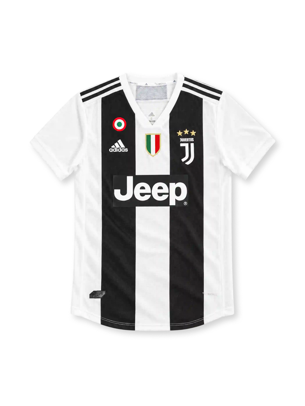 18/19 ユヴェントス ホーム adidas製 胸に2本の太い黒縞とJeepロゴが入った選手版のレトロサッカーユニフォーム