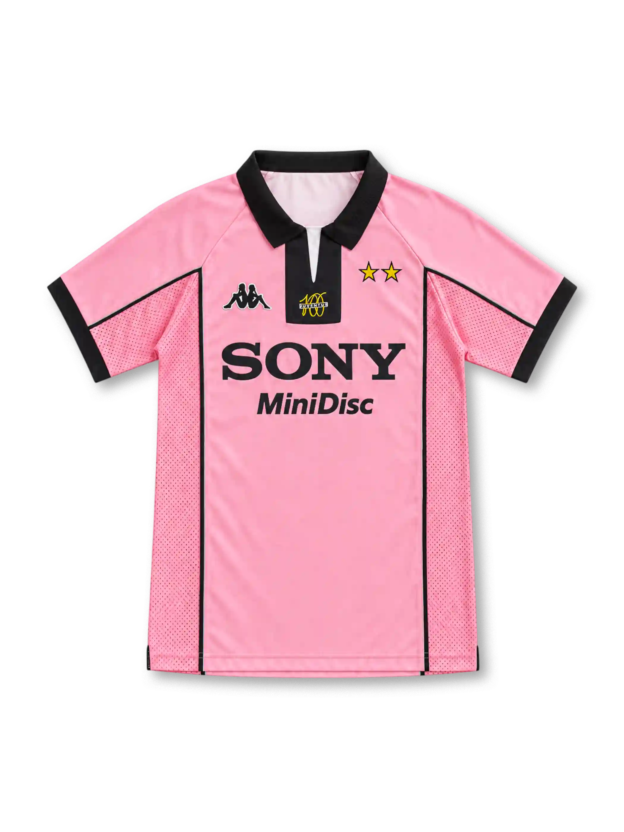97/98 ユヴェントス アウェイ Kappa製 黒いカラーと100周年ロゴ、SONY MiniDiscロゴが入ったピンクのレトロサッカーユニフォーム