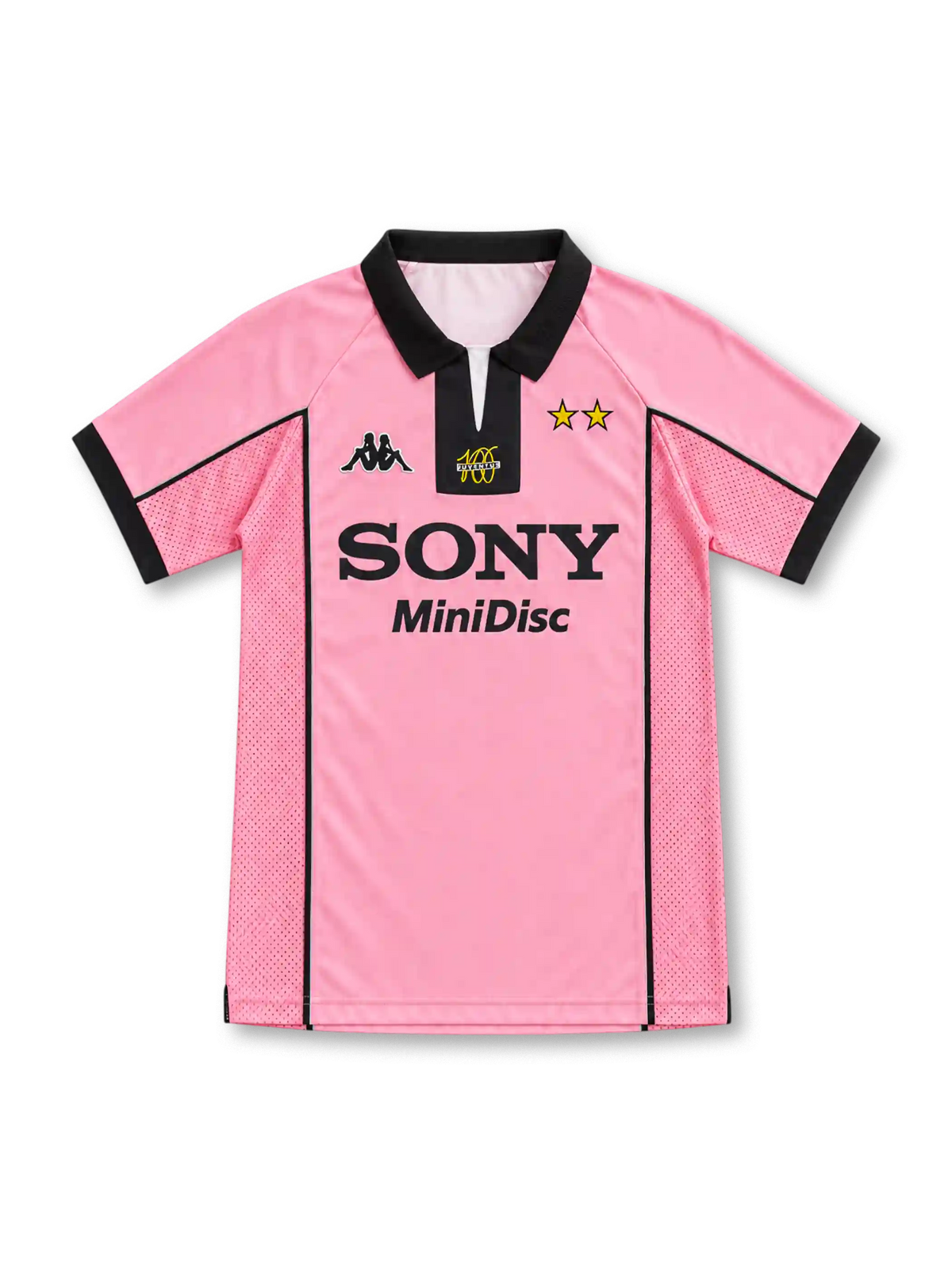97/98 ユヴェントス アウェイ Kappa製 黒いカラーと100周年ロゴ、SONY MiniDiscロゴが入ったピンクのレトロサッカーユニフォーム