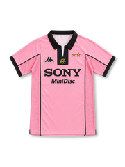 97/98 ユヴェントス アウェイ Kappa製 黒いカラーと100周年ロゴ、SONY MiniDiscロゴが入ったピンクのレトロサッカーユニフォーム