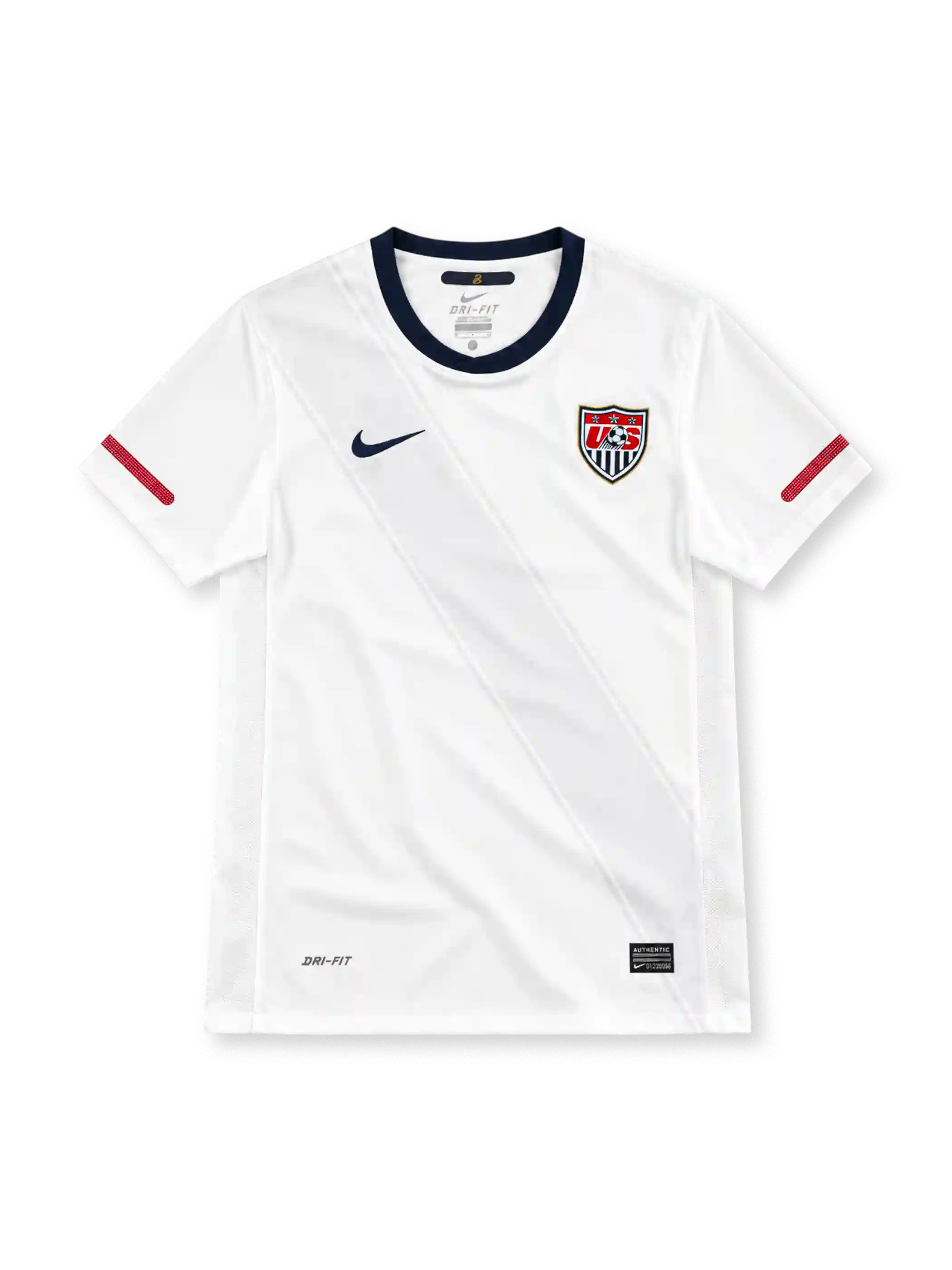 アメリカ代表 2010 ホームユニフォーム。ホワイトのボディに淡いグレーの斜めサッシュ、ネイビーのクルーネックとNikeロゴ、USA代表エンブレム、袖のレッドアクセントを配したデザイン。