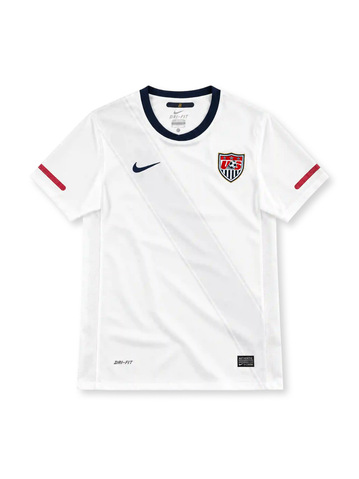 アメリカ代表 2010 ホームユニフォーム。ホワイトのボディに淡いグレーの斜めサッシュ、ネイビーのクルーネックとNikeロゴ、USA代表エンブレム、袖のレッドアクセントを配したデザイン。