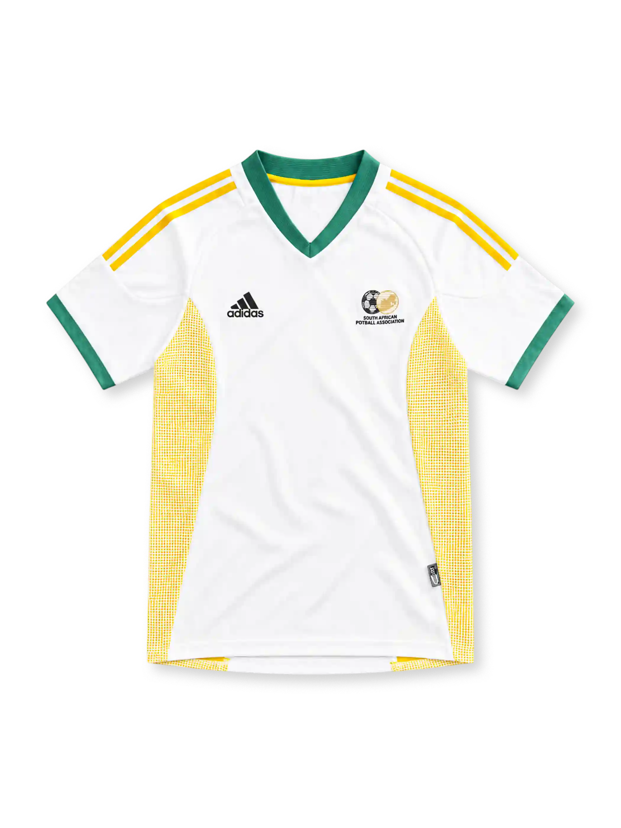 南アフリカ代表 2002 アウェイユニフォーム。ホワイトのボディにグリーンのVネックと袖口、イエローのadidasスリーストライプ、南アフリカサッカー協会のエンブレム、両脇のイエローメッシュを配したデザイン。