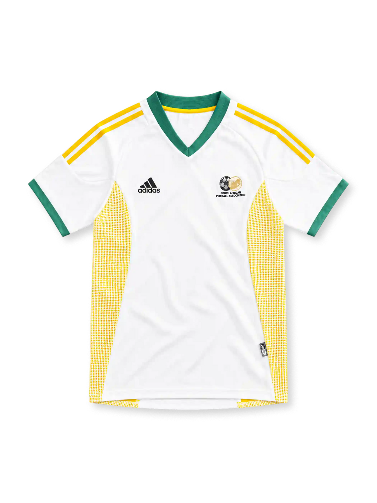 南アフリカ代表 2002 アウェイユニフォーム。ホワイトのボディにグリーンのVネックと袖口、イエローのadidasスリーストライプ、南アフリカサッカー協会のエンブレム、両脇のイエローメッシュを配したデザイン。