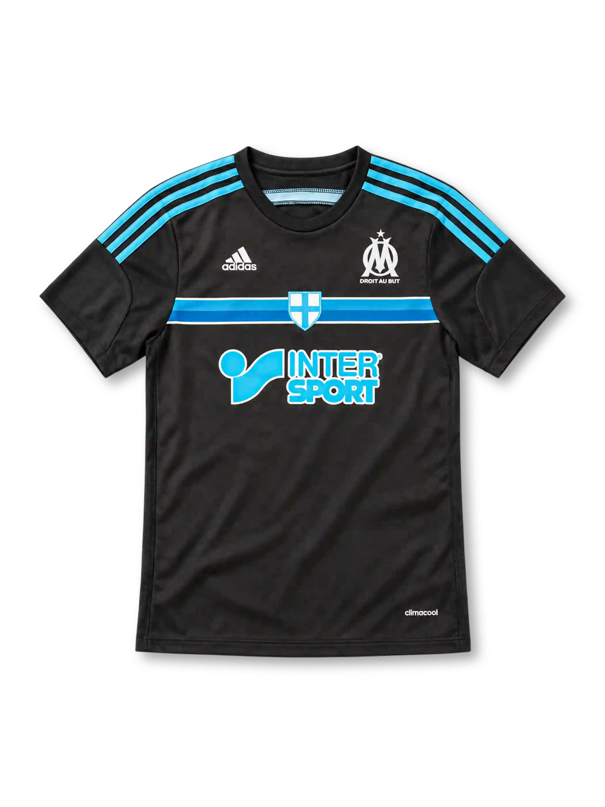 オリンピック・マルセイユ 2014/15 サードユニフォーム。ブラックのボディにライトブルーのadidasスリーストライプ、ブルーの胸ライン、十字紋章、クラブエンブレム、INTERSPORTスポンサーを配したデザイン。
