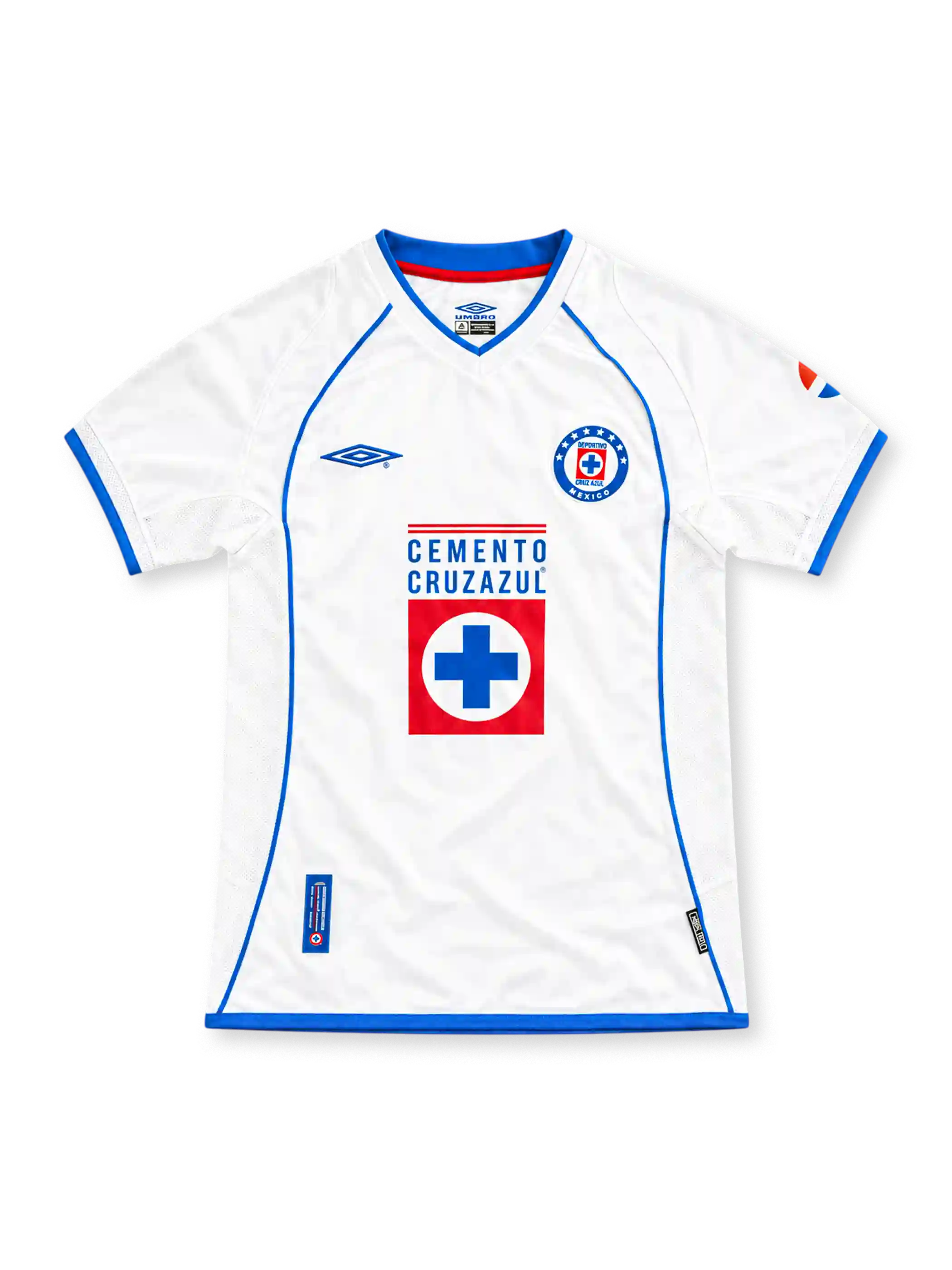 02/03 クルス・アスール アウェイ Umbro製 青いトリムとCEMENTO CRUZAZULロゴが入った白いレトロサッカーユニフォーム