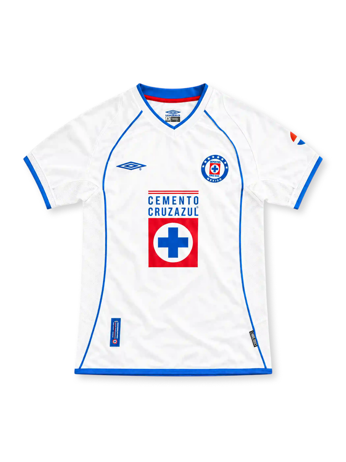 02/03 クルス・アスール アウェイ Umbro製 青いトリムとCEMENTO CRUZAZULロゴが入った白いレトロサッカーユニフォーム