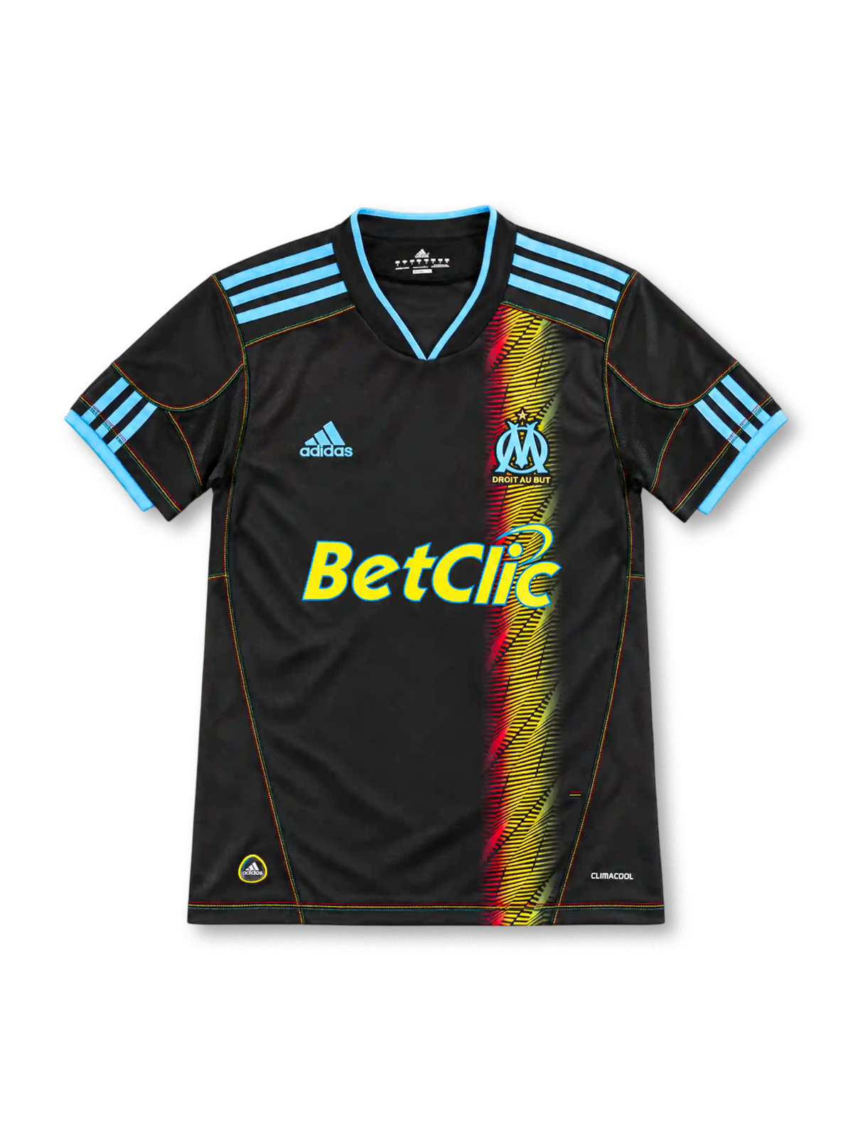 10/11 マルセイユ サード adidas製 赤・黄・緑のグラデーション帯とBetClicロゴが入った黒いレトロサッカーユニフォーム