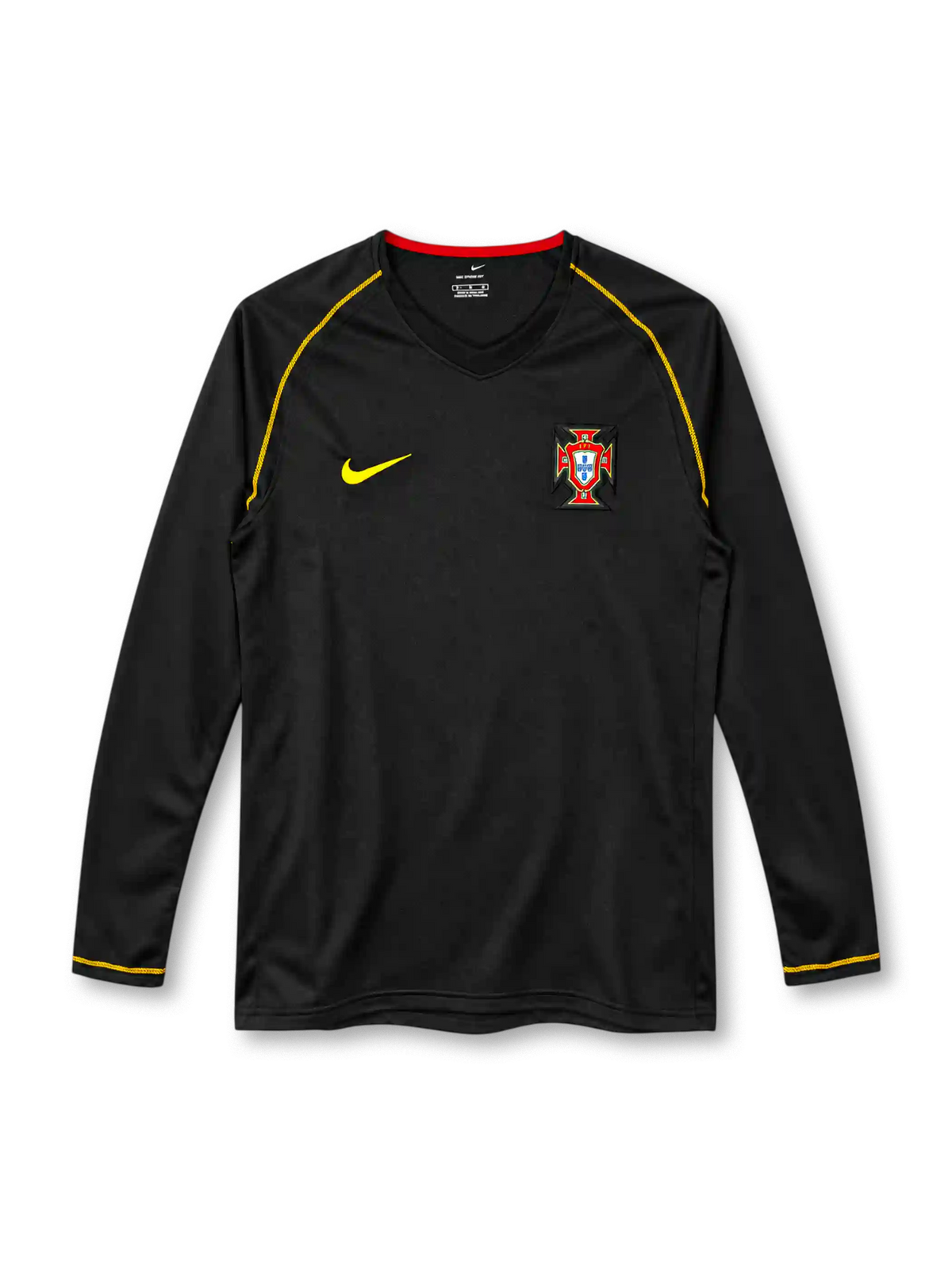 2006 ポルトガル代表 アウェイ 長袖 Nike製 金色のステッチと赤い襟裏が入った黒いレトロサッカーユニフォーム