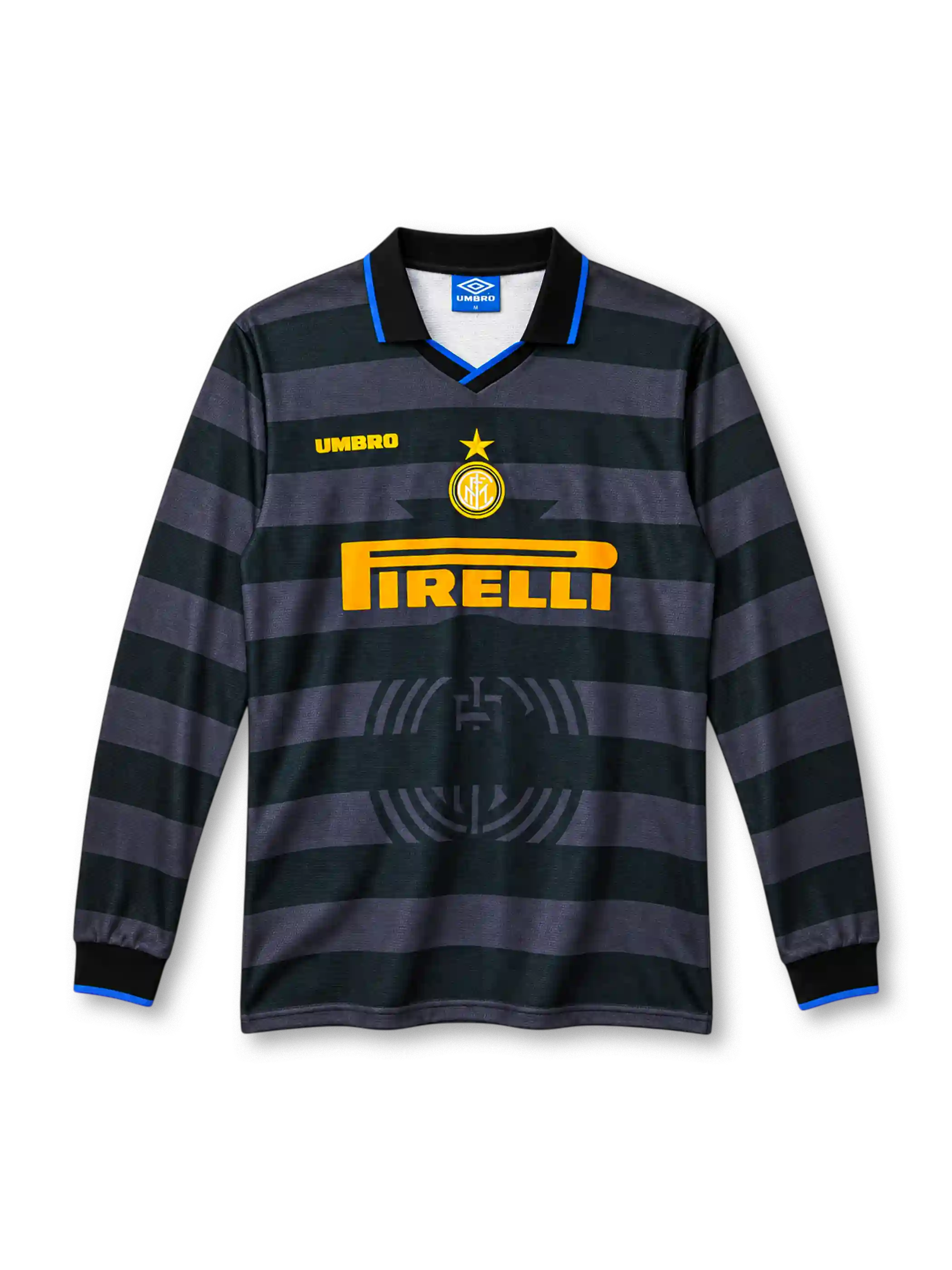 97/98 インテル サード 長袖 Umbro製 黒とグレーの太い横縞とPirelliロゴが入ったレトロサッカーユニフォーム