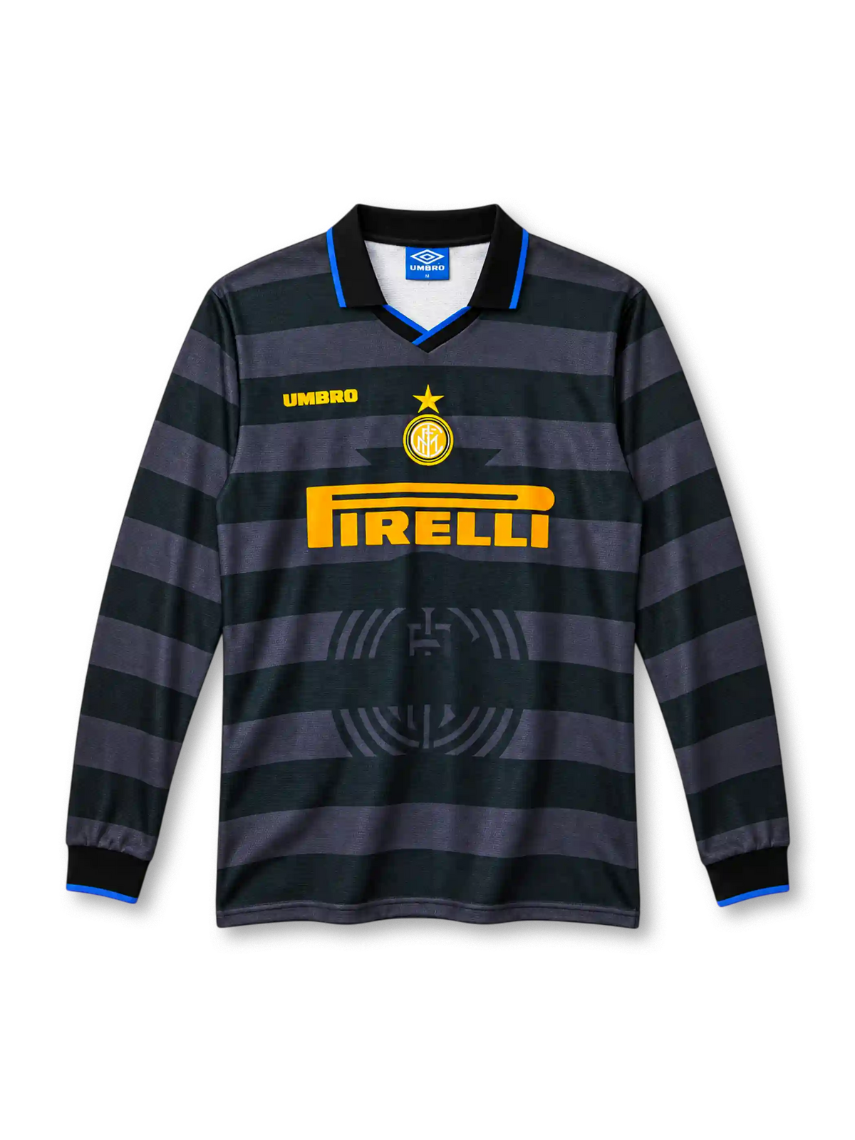97/98 インテル サード 長袖 Umbro製 黒とグレーの太い横縞とPirelliロゴが入ったレトロサッカーユニフォーム
