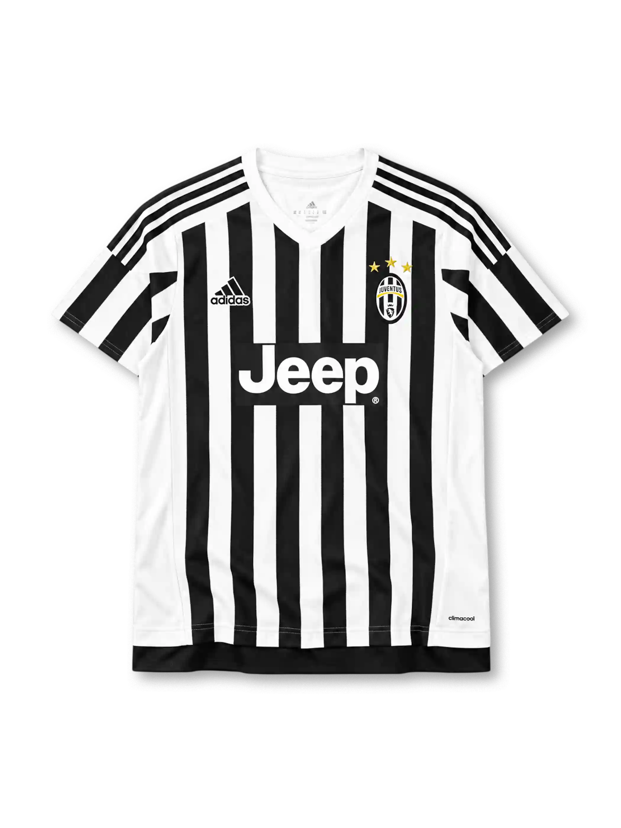 15/16 ユヴェントス ホーム adidas製 ギザギザの縁を持つ白黒縦縞とJeepロゴが入ったレトロサッカーユニフォーム