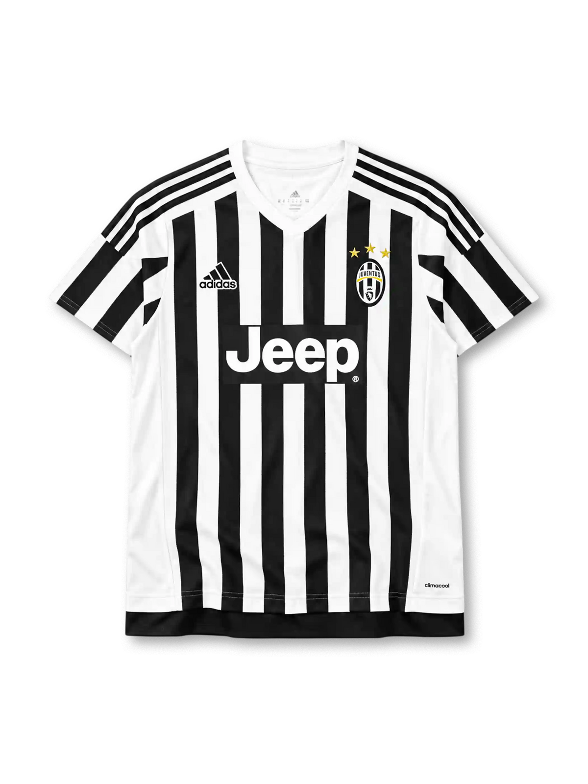 15/16 ユヴェントス ホーム adidas製 ギザギザの縁を持つ白黒縦縞とJeepロゴが入ったレトロサッカーユニフォーム