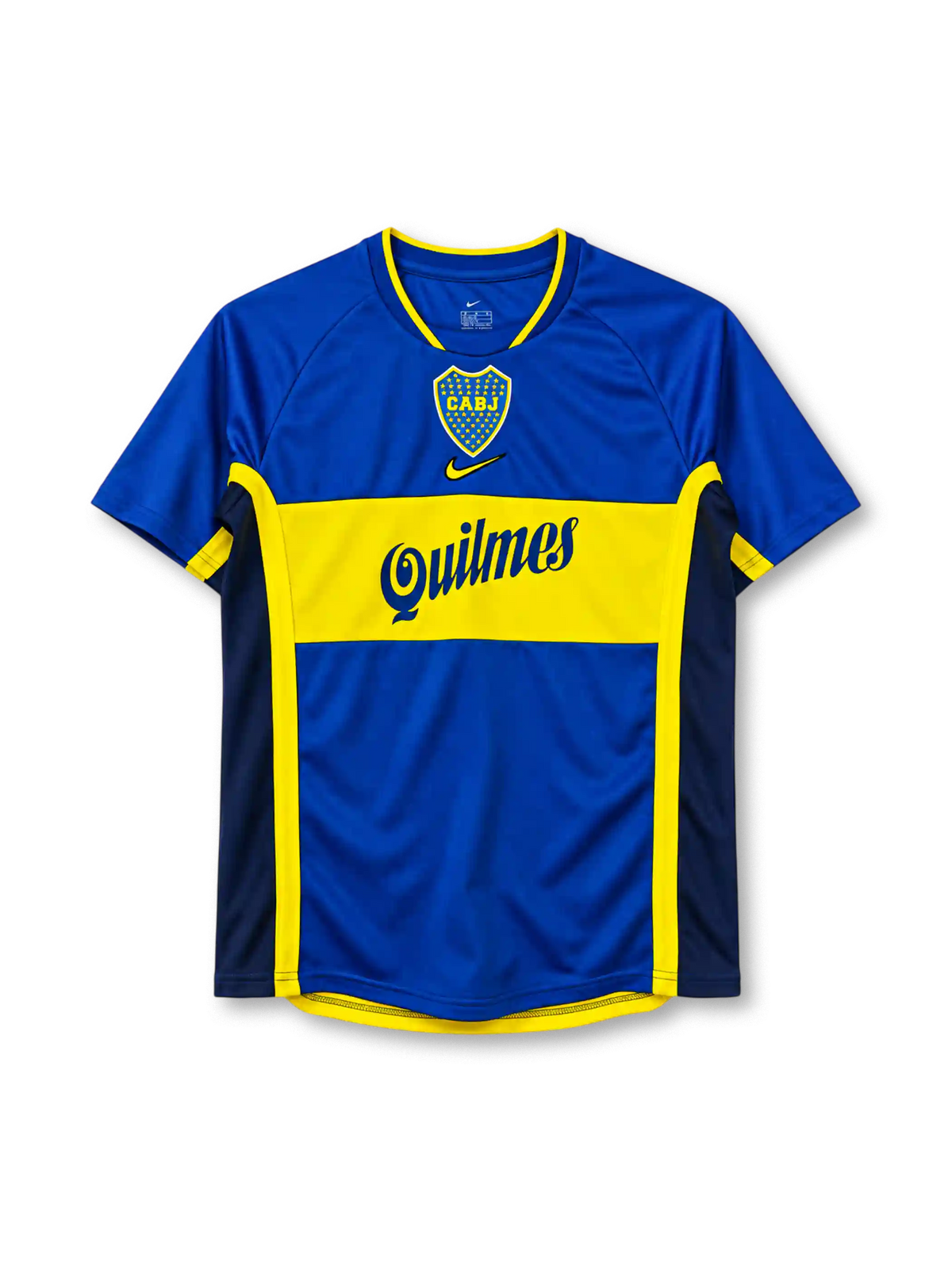 01/02 ボカ・ジュニアーズ ホーム Nike製 黄色の太い帯とQuilmesロゴが入ったロイヤルブルーのレトロサッカーユニフォーム