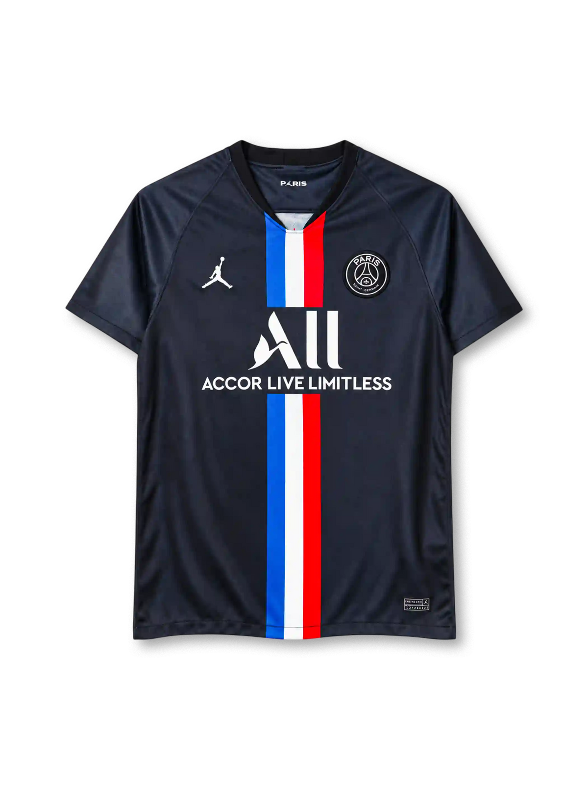 19/20 パリ・サンジェルマン フォース Jordan製 中央にフランス国旗のストライプが入った黒いレトロサッカーユニフォーム