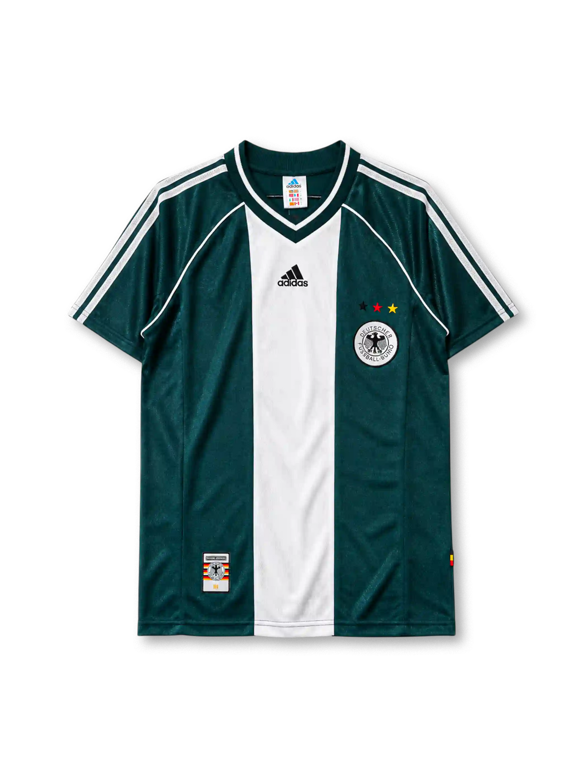 ダークグリーンとホワイトを組み合わせたデザイン、ホワイト地のVネック襟、左胸のadidasロゴ、右胸のDFBクラブエンブレムと3色の星を備えたドイツ代表1998アウェイジャージ正面