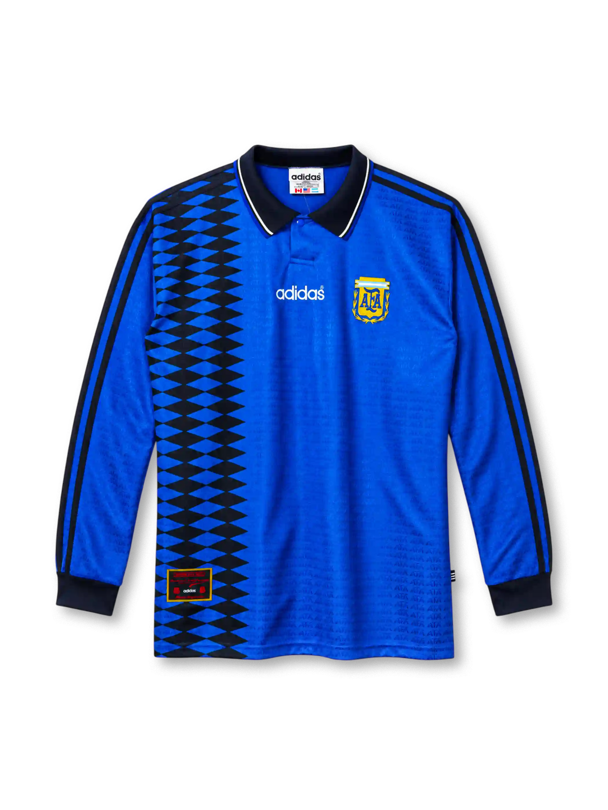 1994 アルゼンチン代表 アウェイ 長袖 adidas製 黒いダイヤ柄とAFAエンブレムが入った青いレトロサッカーユニフォーム