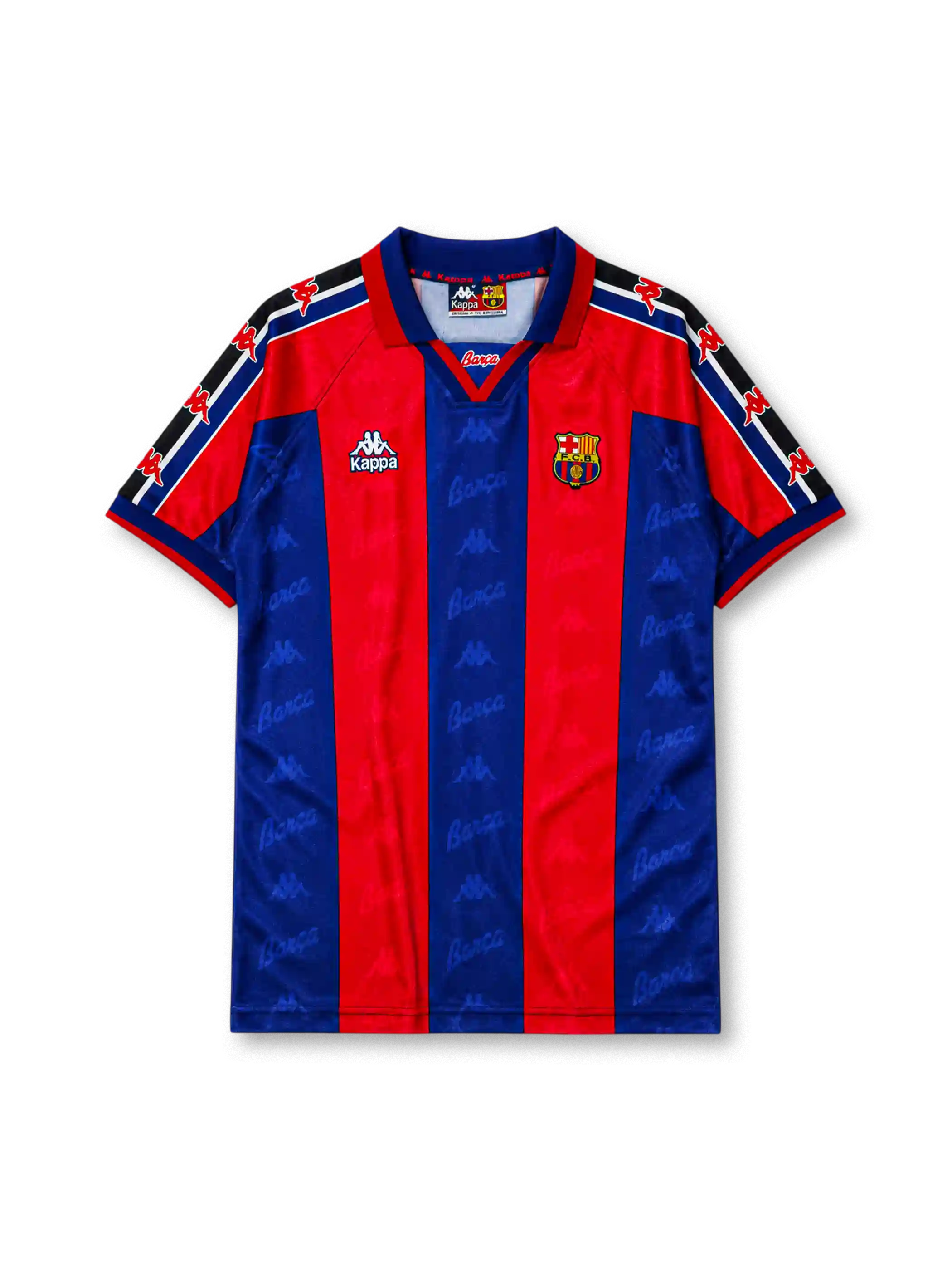 ネイビーとガーネットの縦縞にBarçaの透かし柄、ネイビー地のポロ襟、左胸のKappaロゴ、右胸のFCバルセロナクラブエンブレムを備えたFCバルセロナ1995/97ホームジャージ正面