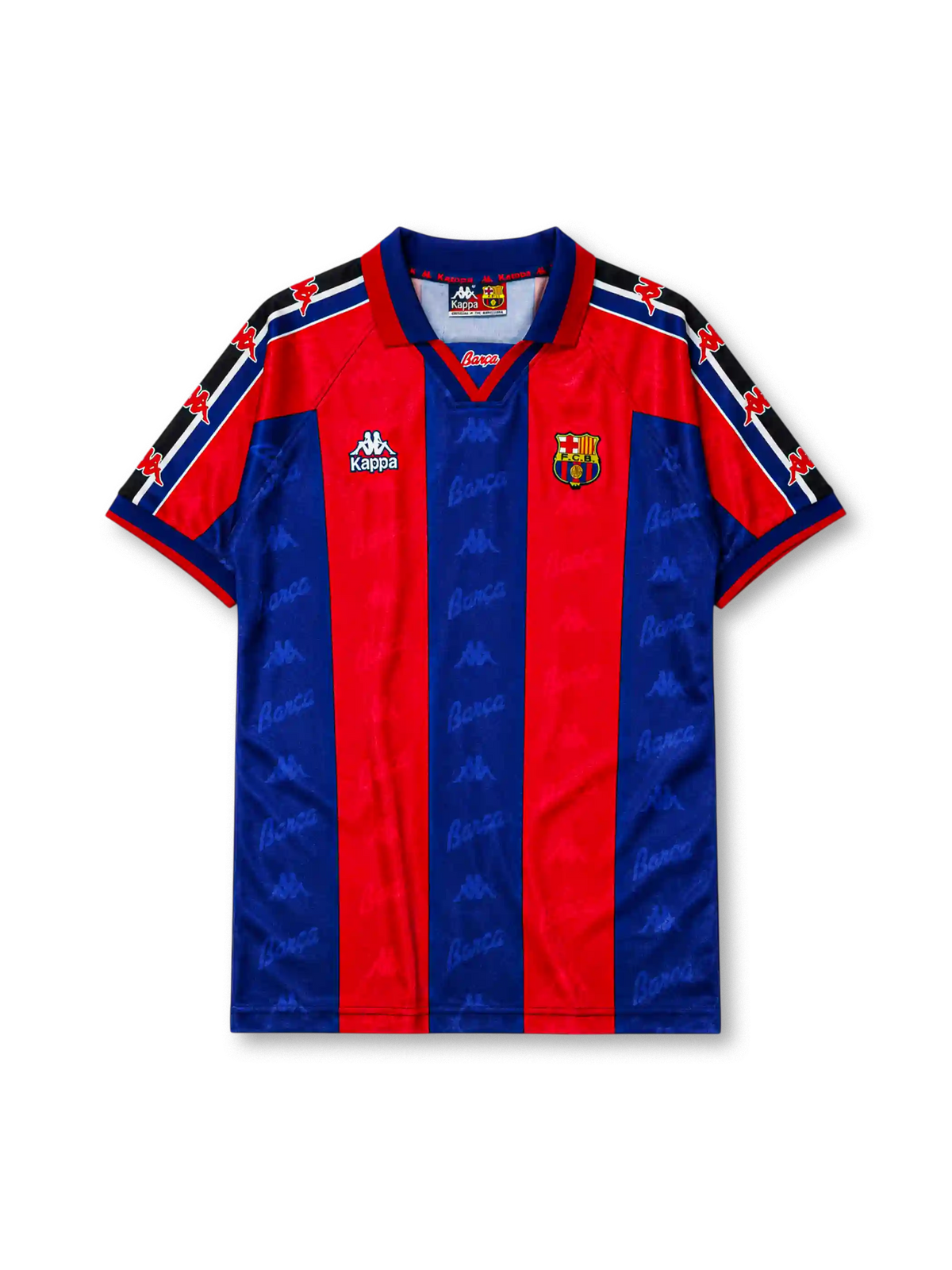ネイビーとガーネットの縦縞にBarçaの透かし柄、ネイビー地のポロ襟、左胸のKappaロゴ、右胸のFCバルセロナクラブエンブレムを備えたFCバルセロナ1995/97ホームジャージ正面