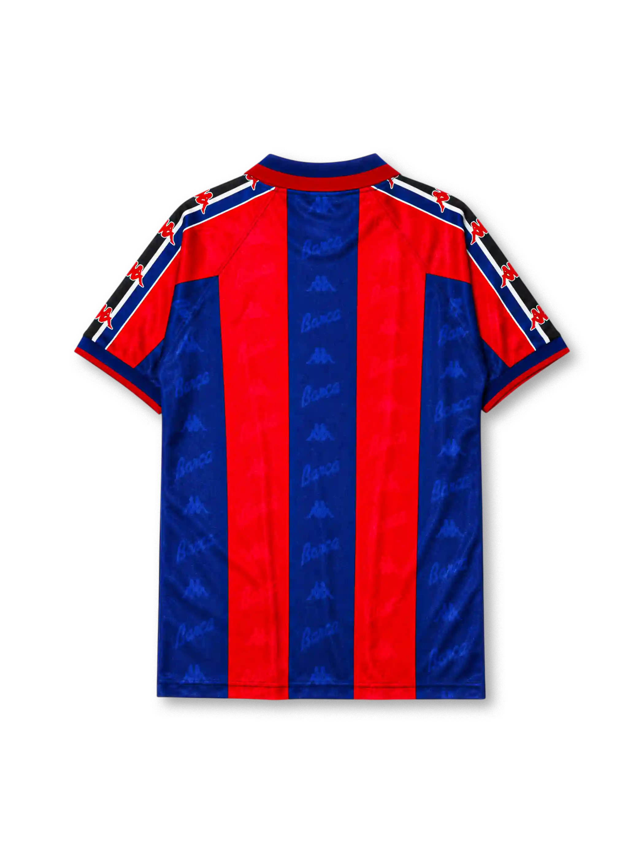 ネイビーとガーネットの縦縞にBarçaの透かし柄、ネイビー地のポロ襟、左胸のKappaロゴ、右胸のFCバルセロナクラブエンブレムを備えたFCバルセロナ1995/97ホームジャージ正面