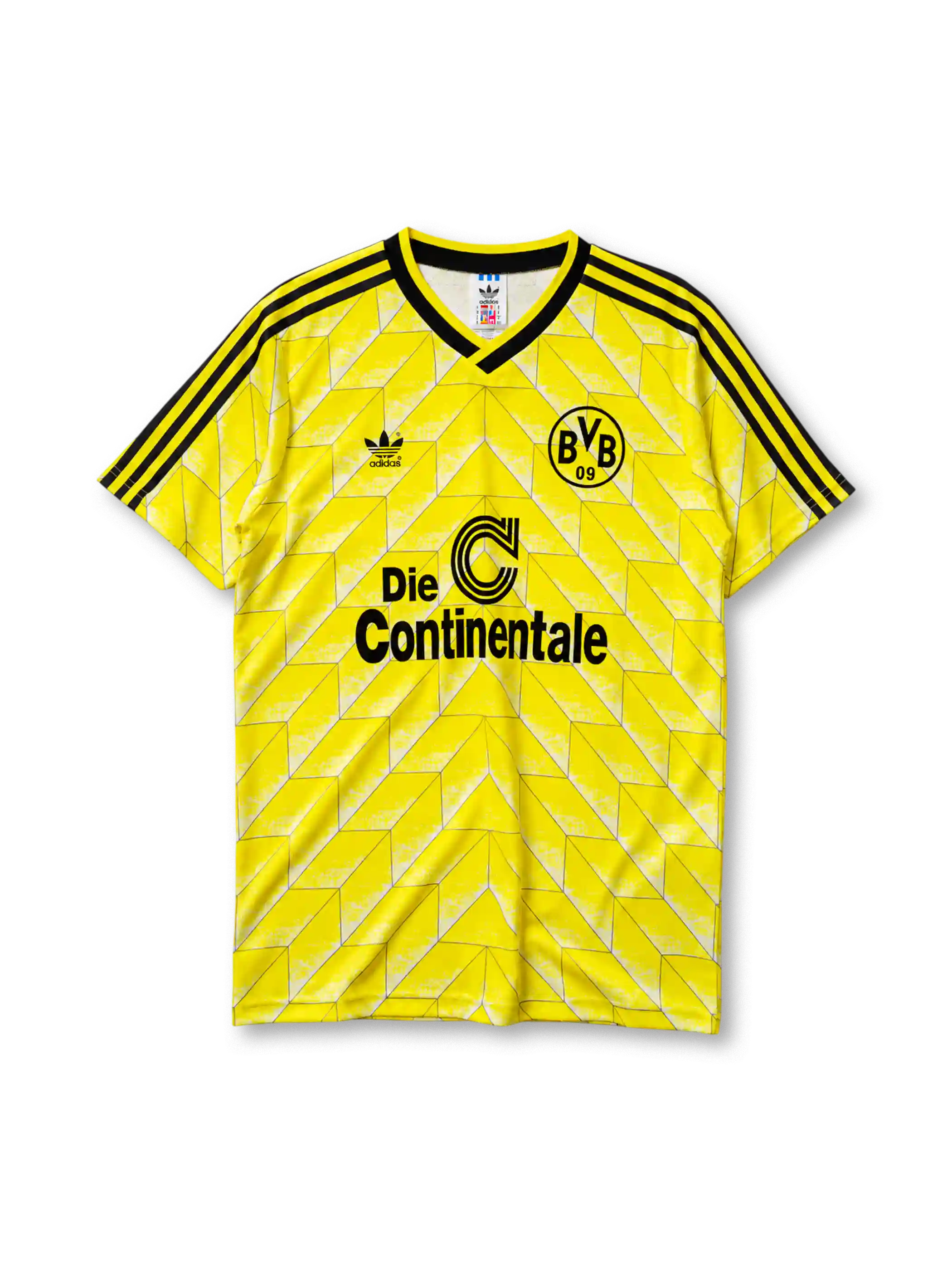 鮮やかなイエローの生地に白のシェブロン柄、黒地のVネック襟、左胸のadidasロゴ、右胸のBVB09クラブエンブレム、中央の黒いDie Continentaleスポンサーロゴを備えたボルシア・ドルトムント1988ホームジャージ正面